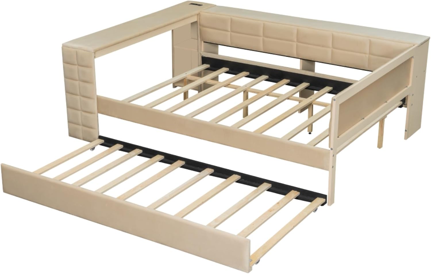 Full Size Upholstered Daybed with Trundle and Desk Built-in USB Charging Station, Velvet Day Bed Frame with Storage Shelves, No Box Spring Needed for Boys Girls Kids Adults, Beige