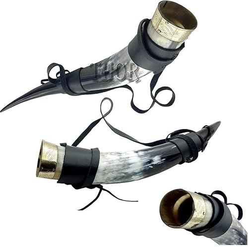 Royal Viking - Cuerno africano para beber con correa de cuero para cerveza, vino, cerveza y aguamiel vikingo, taza de cuerno grande Cuerno para