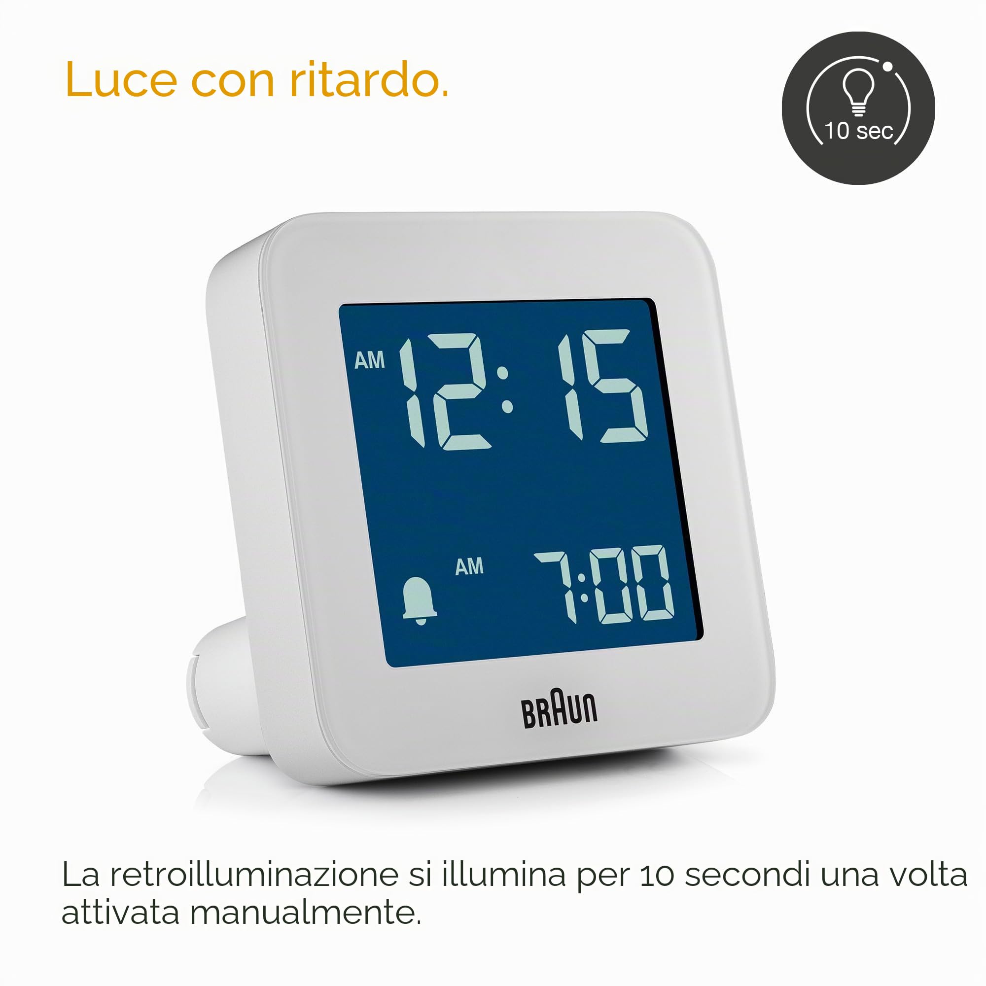 Braun Orologio Sveglia Digitale Funzione Snooze, Display LCD Negativo, Funzione Quick Set, Suono Sveglia Beep con crescendo, in Bianco, modello BC09W.