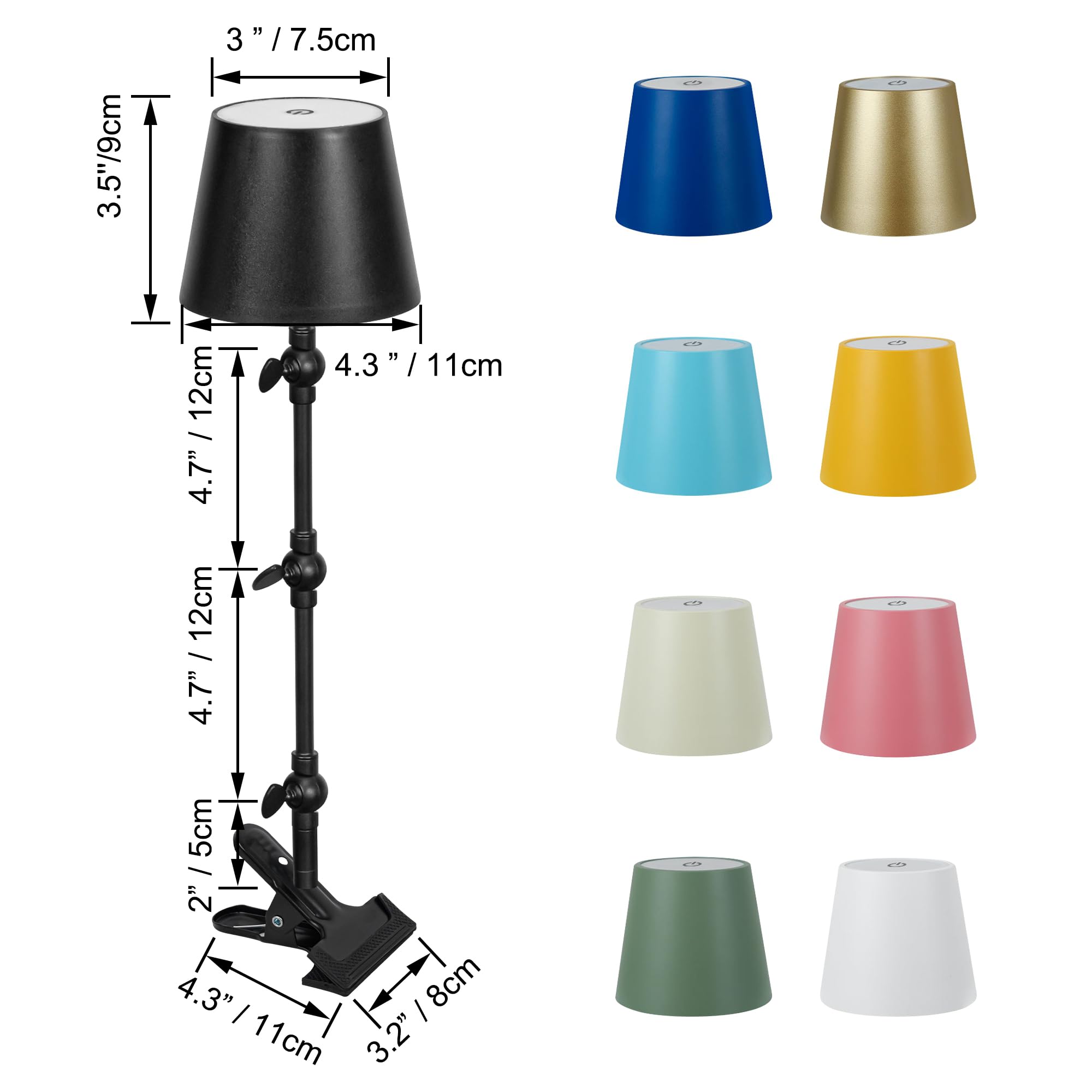 SKIVTGLAMP LED Clip Light, Pole Mounted, Tpye-C Rechargeable, Eye-friendly, Signage Light, Cordless Electricity, No Wiring Required, Arm: 3.9 inches (10 cm), Touch Operation, 3 Ways 3 Level Dimming