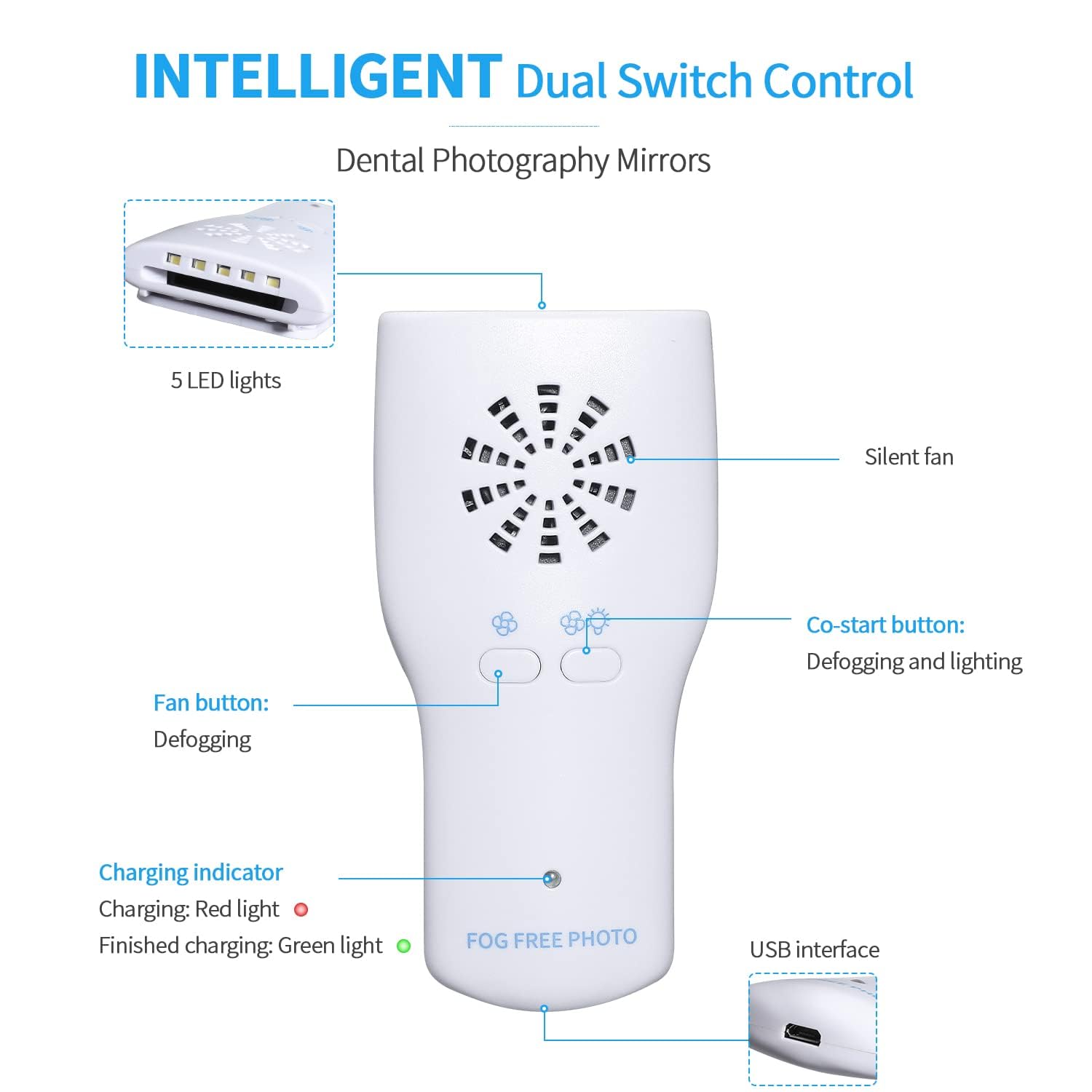 Espejo de fotografía dental sin niebla, espejo LED intraoral con cargador inalámbrico y ventilador, 4 espejos