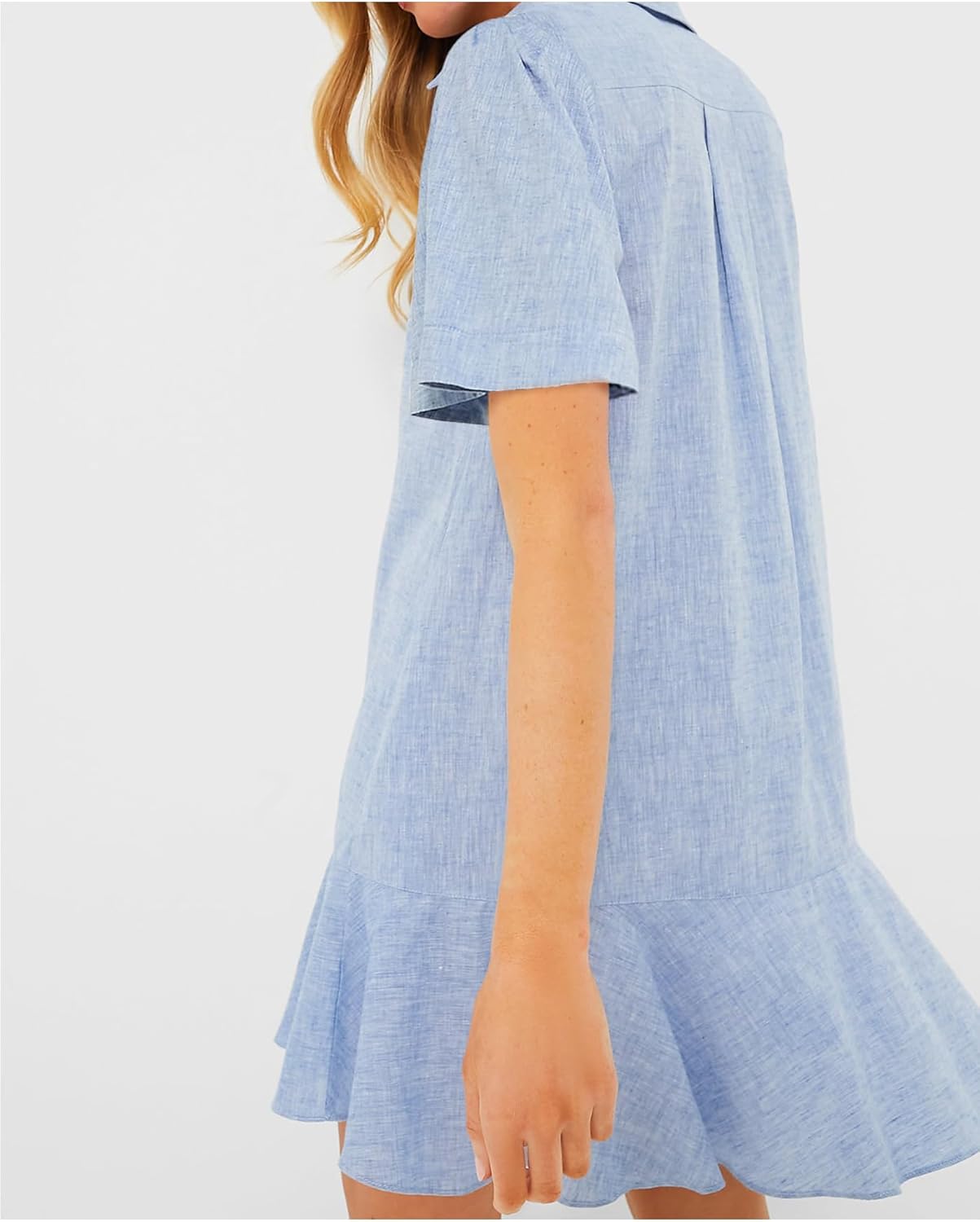 Women's Button Down Shirt Dress Summer Casual Short Sleeve Cotton Linen Ruffle Shift Mini Dresses - Image 4