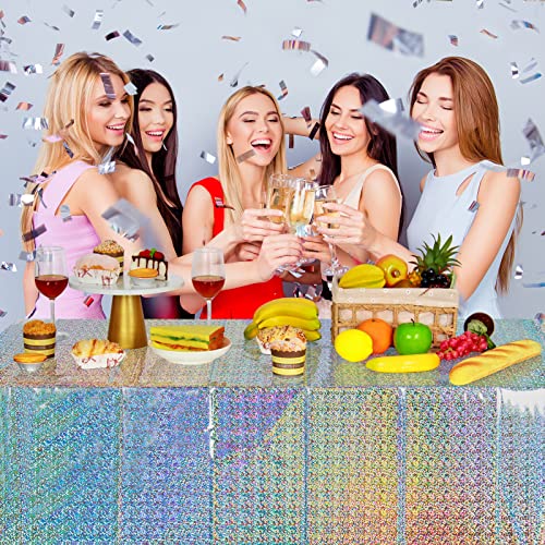 Image of FunnyPars 8 Pack Iridescent Plastic Tablecloths Shiny Disposable Laser Rectangle Table Covers Holographic Foil Tablecloth Iridescent Party Decoration