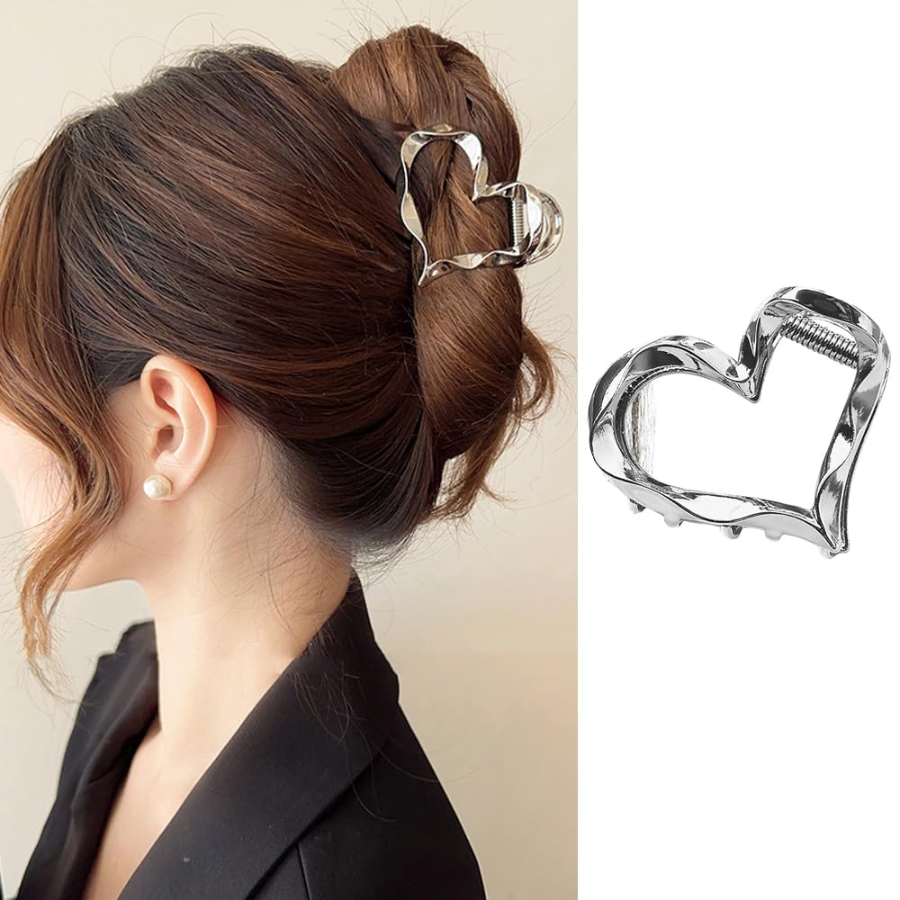 Amazon.co.jp: KOLONAMS ヘアクリップ 5.3cm シルバー ハート型 メタル