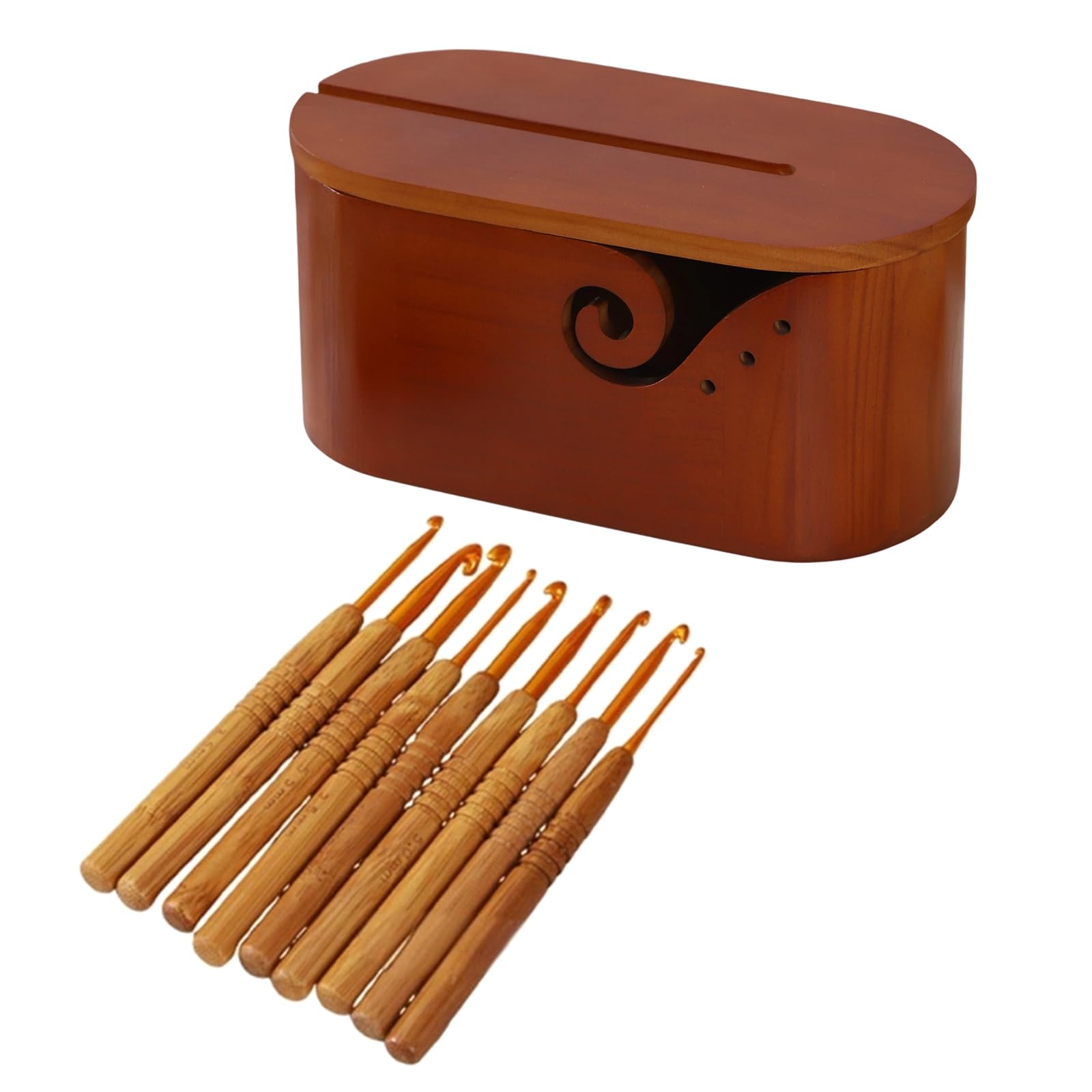 Jazuaiao Oval Shaped Knitting Bowl with Lid Wooden Yarn Holder with Holes Multipurpose Knitting Wool Organiser Box for Weaving Yarn Bowl with Lid Craft Organiser Oval Storage Box Home Storage