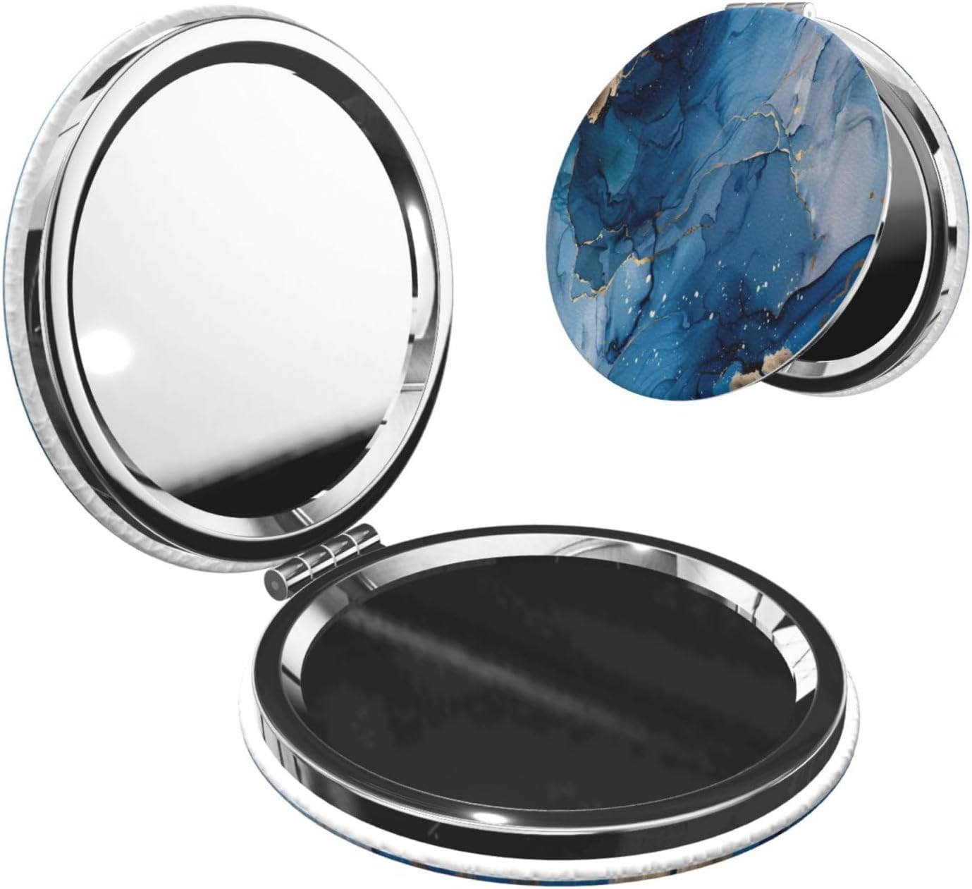 Navy Blue Gold Marble Agate Style Print Foldable Travel Pocket Mirror Round PU Leather Portable Mini Makeup Double Sided Handheld Magnifying,2.6 in
