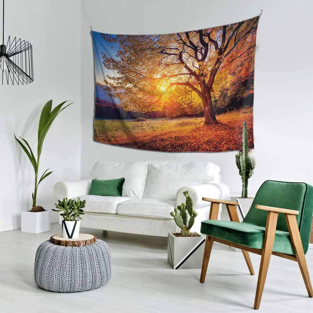 Fall Tree Decor Wall Hanging Bedding Tapestry Small （60x40 Inch） Big Majestic Autumn Tree Shedding Faded Leaves on Hill Slop Season Landscape Decorative Bedroom Brown