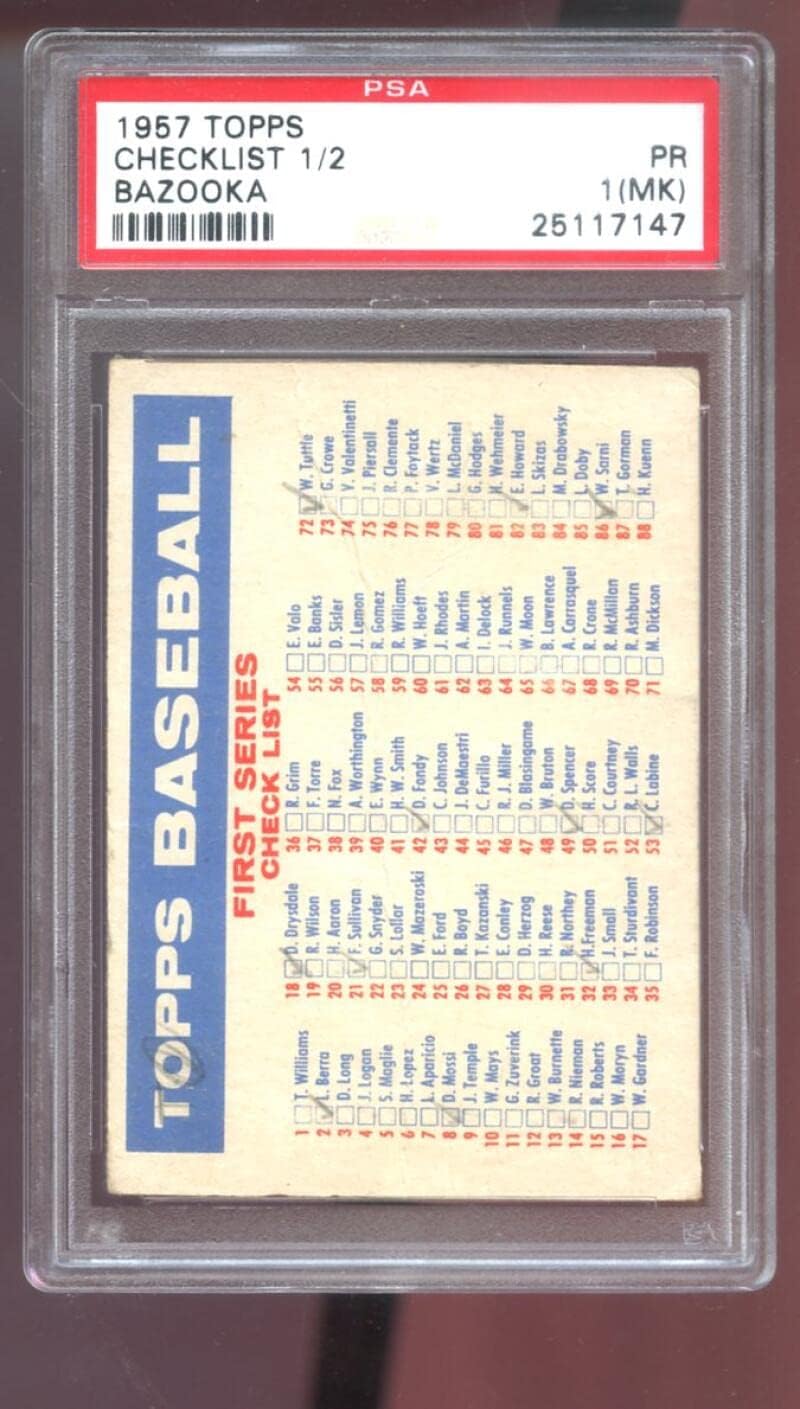 1957 Topps Checklist 1/2 First Series Check List Bazooka PSA 1 (MK) Graded Baseball Card MLB