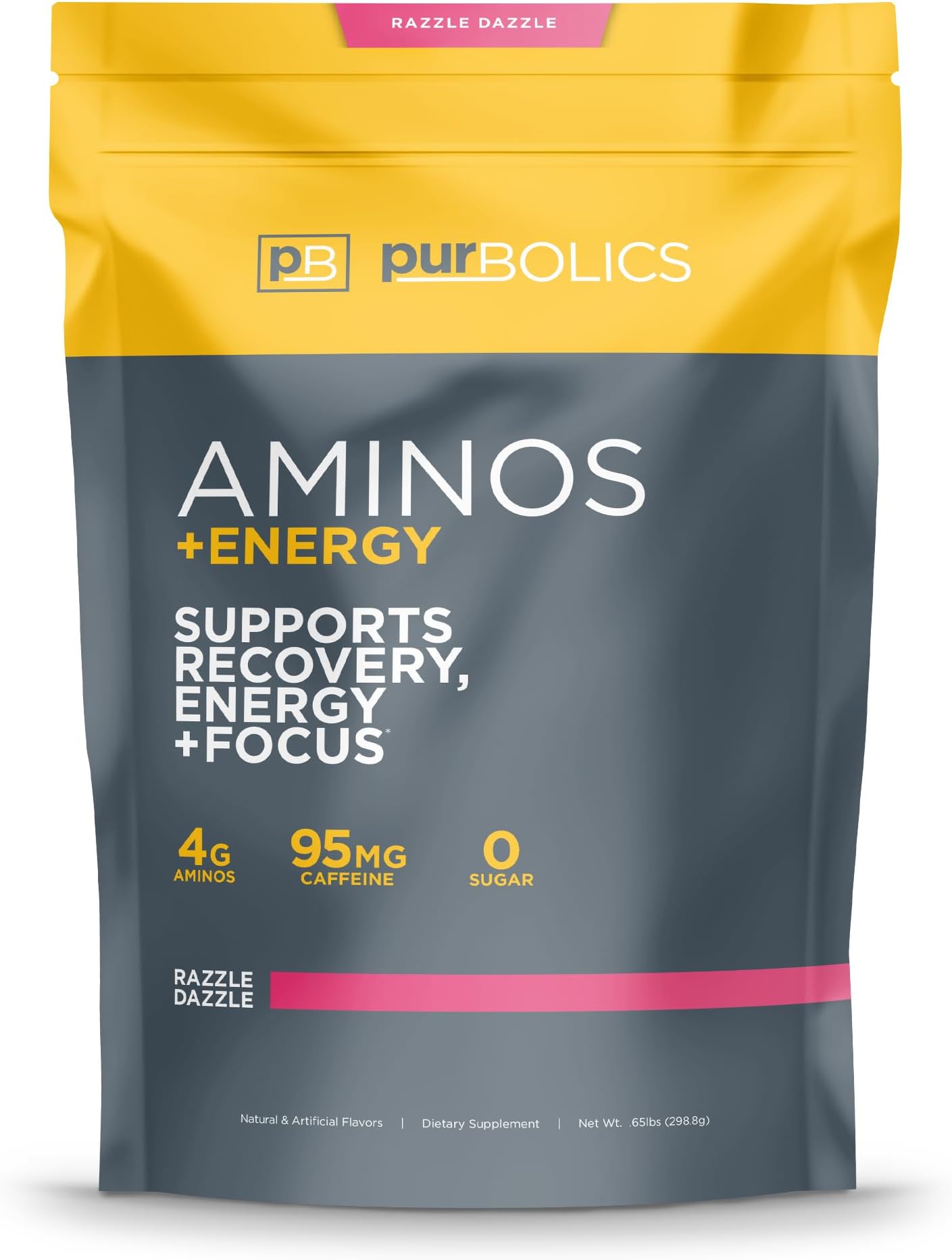 Purbolics Aminos + Energy | Supports Recovery, Energy & Focus | 95mg of Caffeine, 0 Sugar & 60 Servings (Razzle Dazzle)