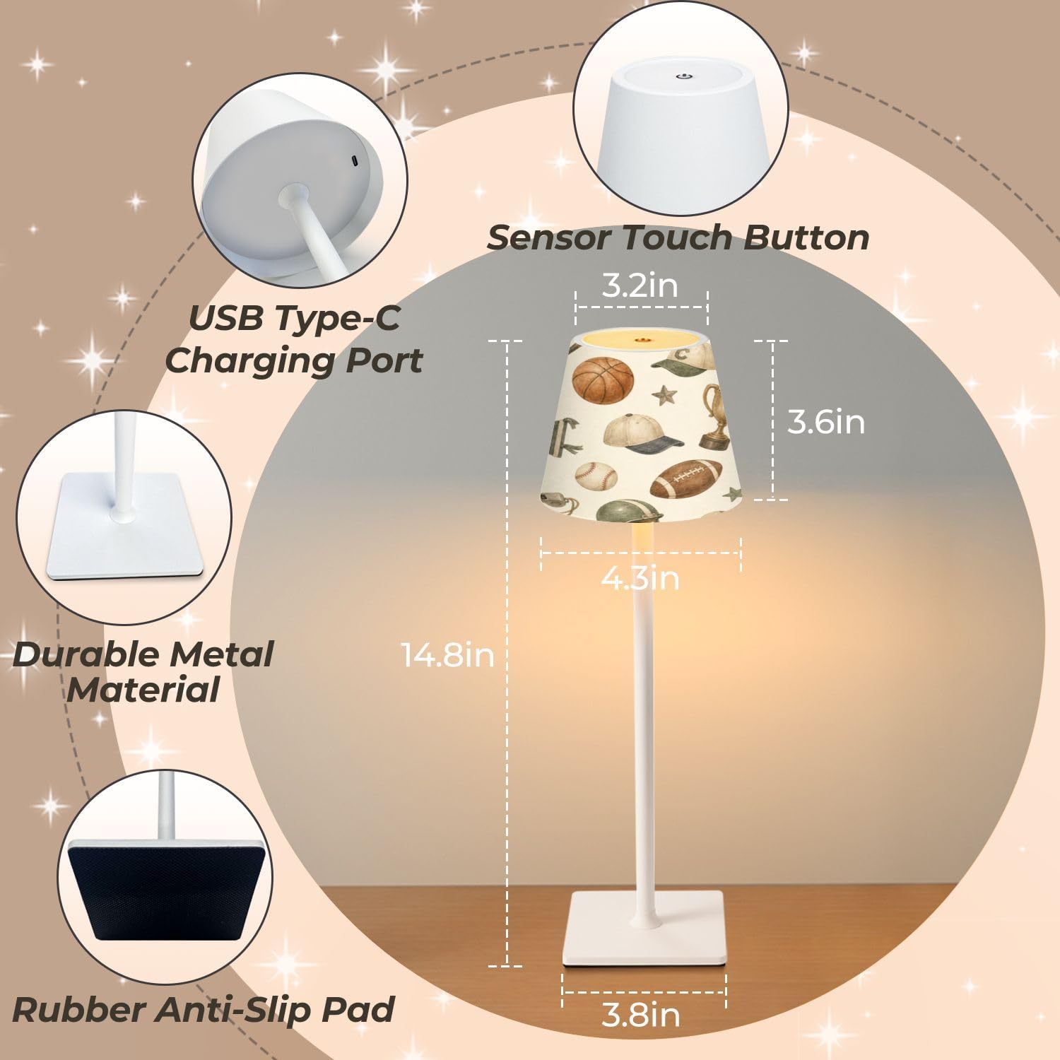 Mahjong Cordless Table Lamp Seamless Sports Balls Helmets Flags Watercolor Style LED Desk Lamps Rechargeable 3 Color Dimming Outdoor for Mah Jong Table Nightstand Living Room Gift image 3
