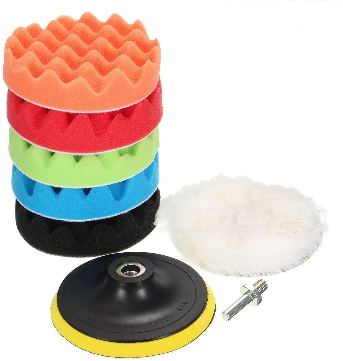 DUOSHIDA 7Pcs 5inch Polishing Pads,Sponge and Woolen Polishing Waxing Buffing Pads Kits with M14 Drill Adapter, 5inchs