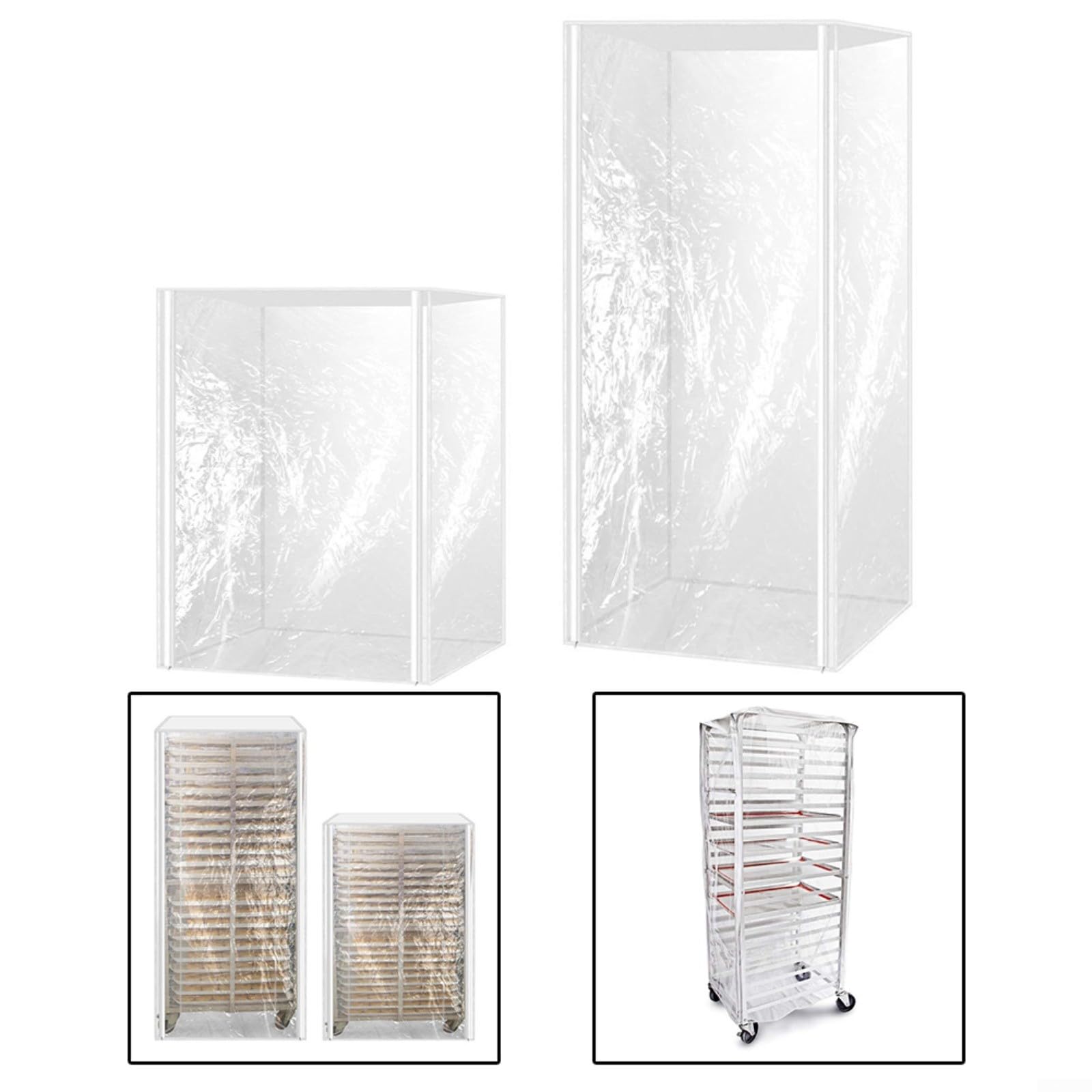 2 fundas transparentes de PVC con tres cremalleras para un fácil acceso y visualización clara, se adapta a estantes de 20 o 10 capas en cocinas, panaderías o cafeterías