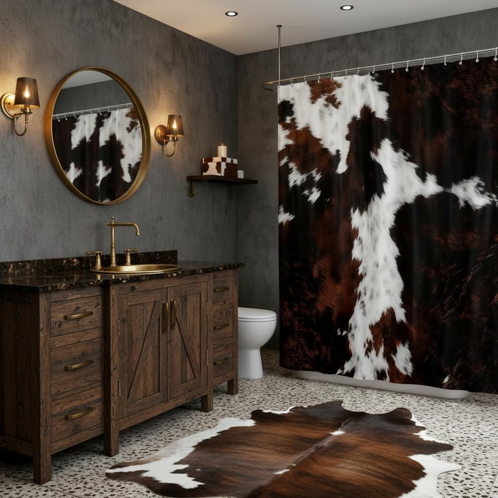 Farmhouse Cowhide Print Bath Curtain for Bathroom Decor,Abstract Maroon and White Cow Fur Pattern Waterproof Shower Curtains with 12 Holes,Animal Fabric Shower Curtains for Bathtubs 72" W x 78" L