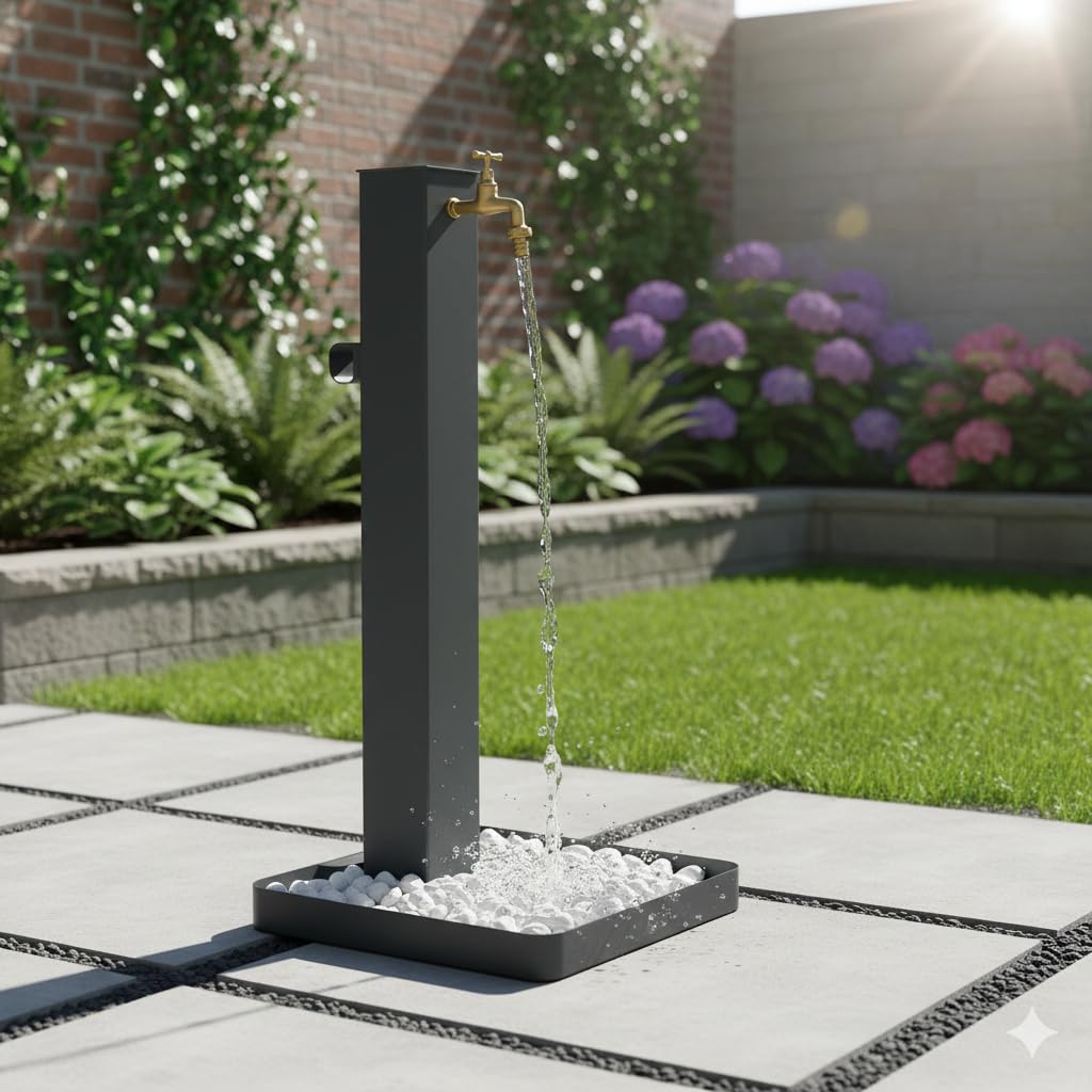 Fontana da Giardino Design a Colonna Quadrata Rubinetto in Ottone Base Ciottoli Antracite