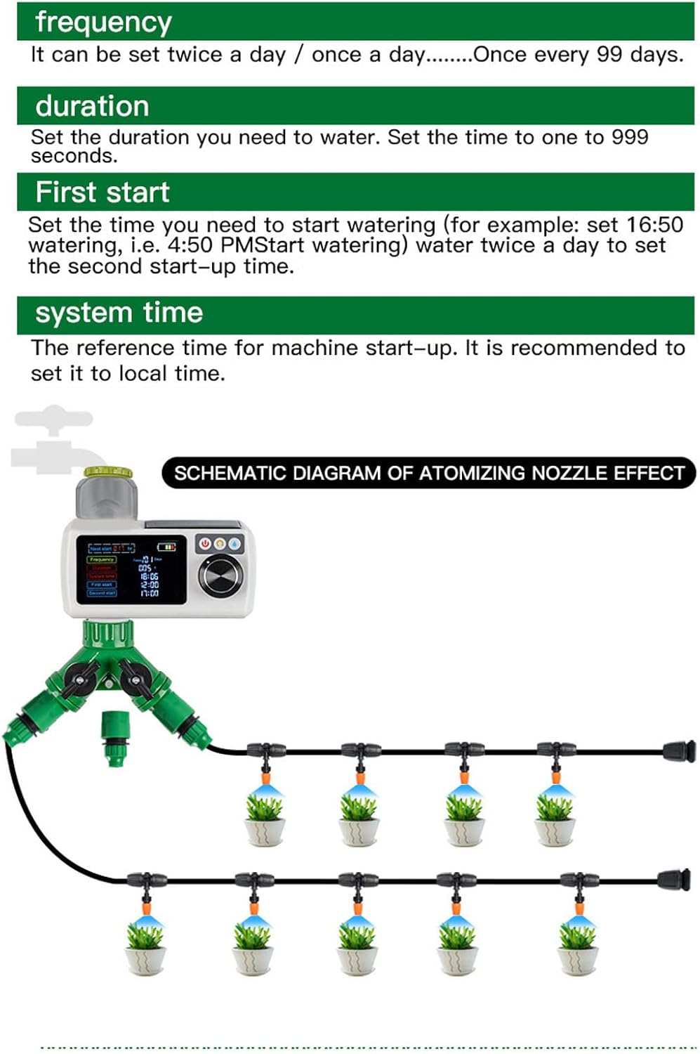 Solar Sprinkler Timer, Programmable Water Timer for Garden Hose with Rain Delay & Self Inspection, IP68 Automatic Irrigation Timer for Drip Irrigation and Lawn Watering System