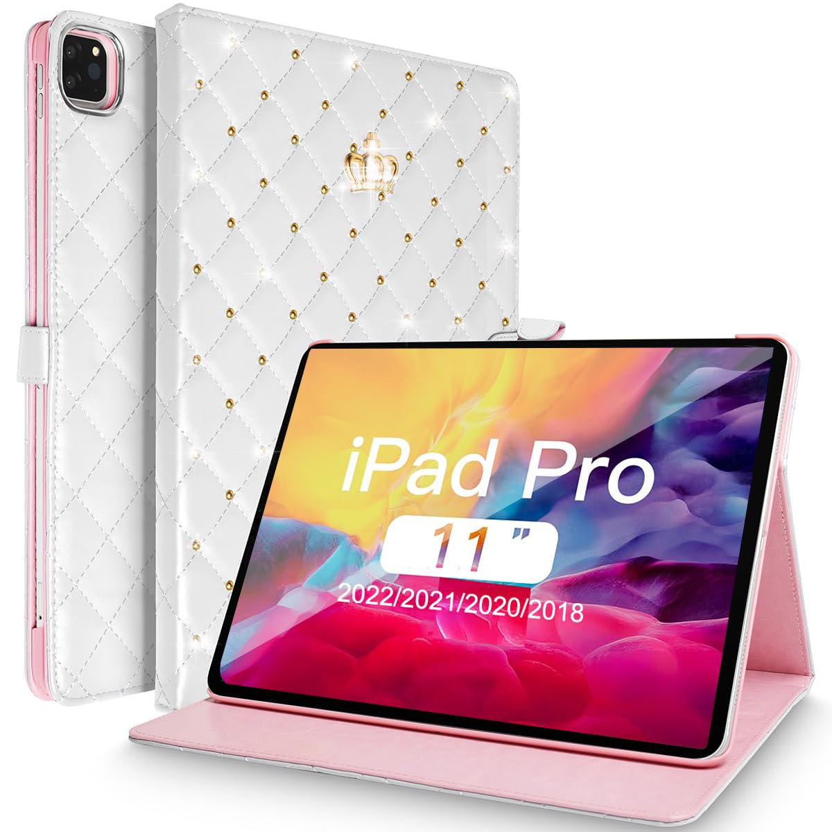 Changjia iPad Pro 11 Inch Case 2022/2021/2020/2018, Cute Crown Bling Diamond PU Leather Smart Auto Sleep/Wake Stand Shockproof Cover for iPad Pro 11