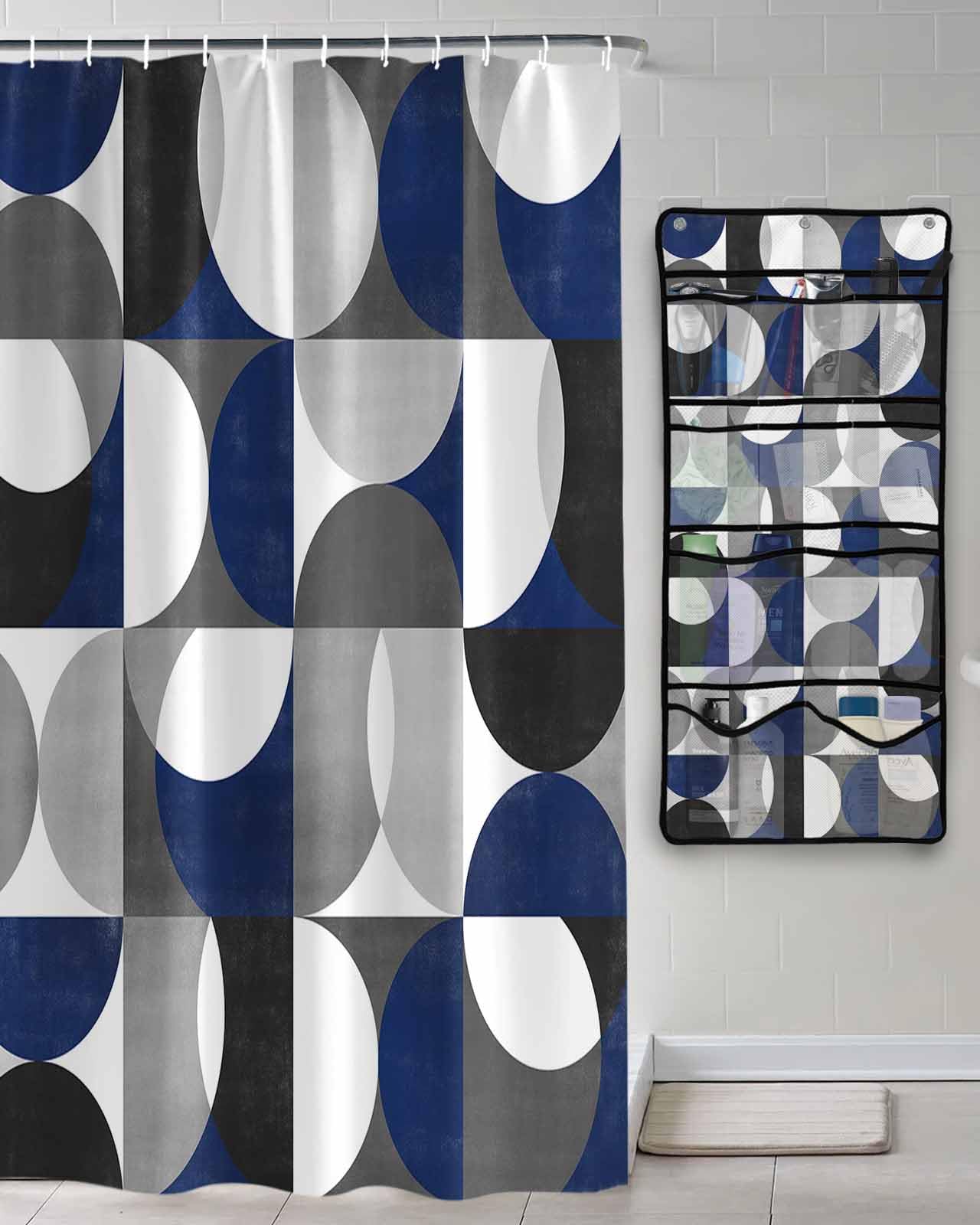 Shower Curtain Mesh Shower Organizer Hanging Set Vintage Middle Ages Modern Abstract Geometric Blue Waterproof Shower Curtains with