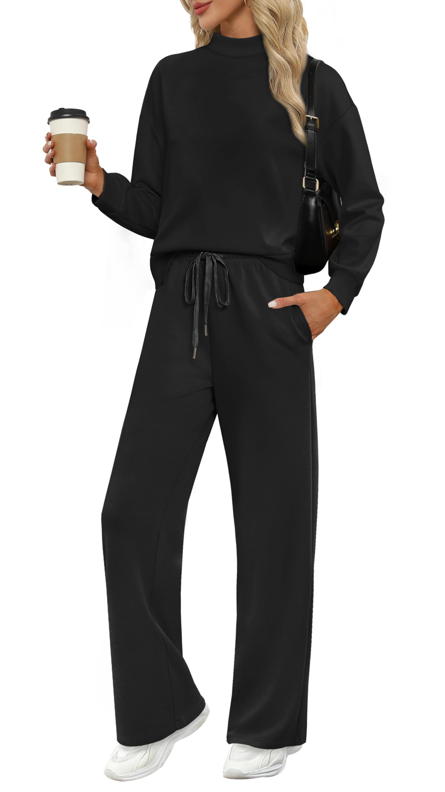 WIHOLLTwo Piece Sets for Women Fall Outfits Lounge Sets Mock Neck Tops Wide Leg Pants Vacation Travel Airport Outfits