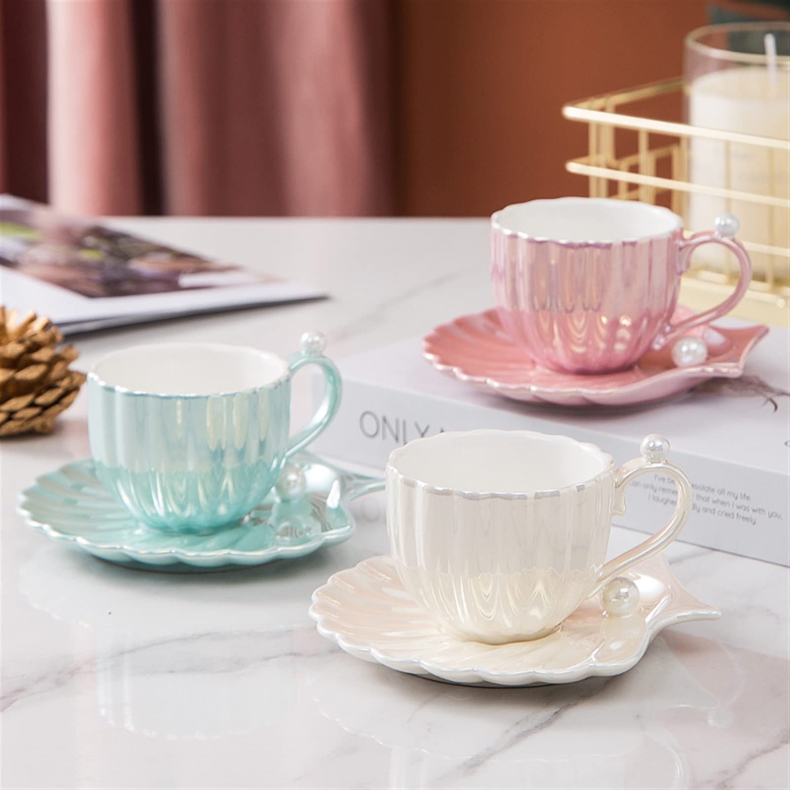Teetassen Nordic Pearl Weiß Rosa Grüne Meer Shell Cups und Saucer Keramik Kaffee oder Teeschale Set Beste Geschenkideen Küche Home Büro Dekor Becher (Color : Pearl Pink)