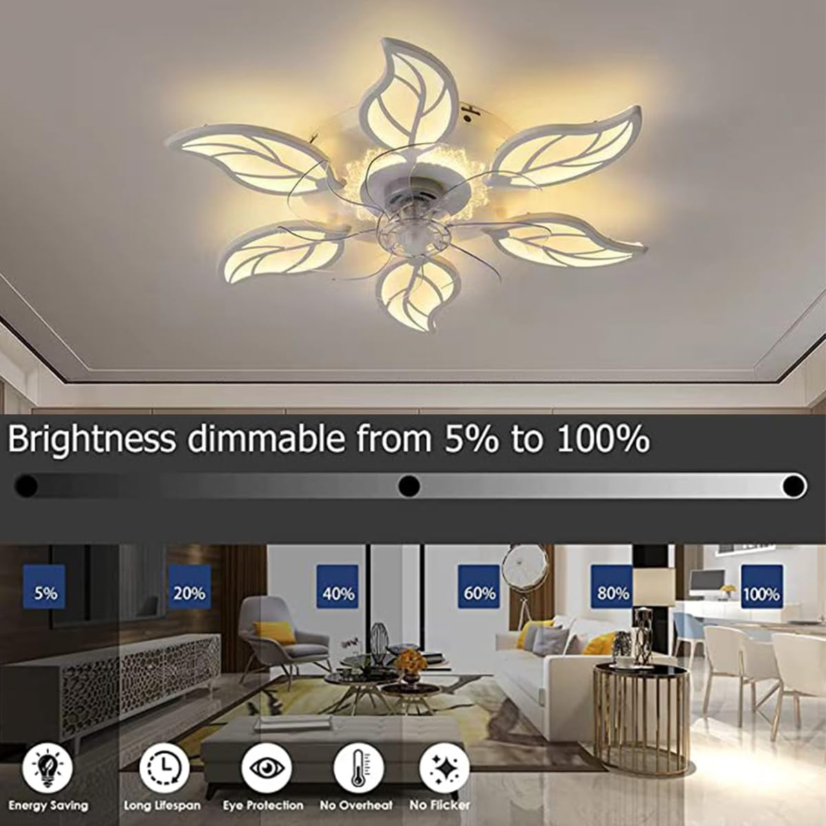 Lampadari, plafoniera a LED, Ventilatore a soffitto con Illuminazione, Bianco, Telecomando, Silenzioso, dimmerabile, 6 luci, Design per Soggiorno e Camera da Letto