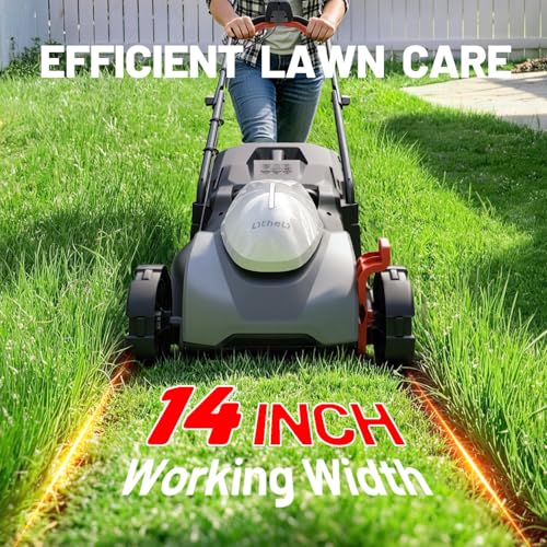 Image of Litheli 14 Inch Cordless Lawn Mower, Lightweight Foldable Push Mower with 5.0Ah Battery, Brushless Motor Lawnmower for up to 1600 Sq. Ft, 5-Position Height Adjustment (1-2.5 in), Includes Charger
