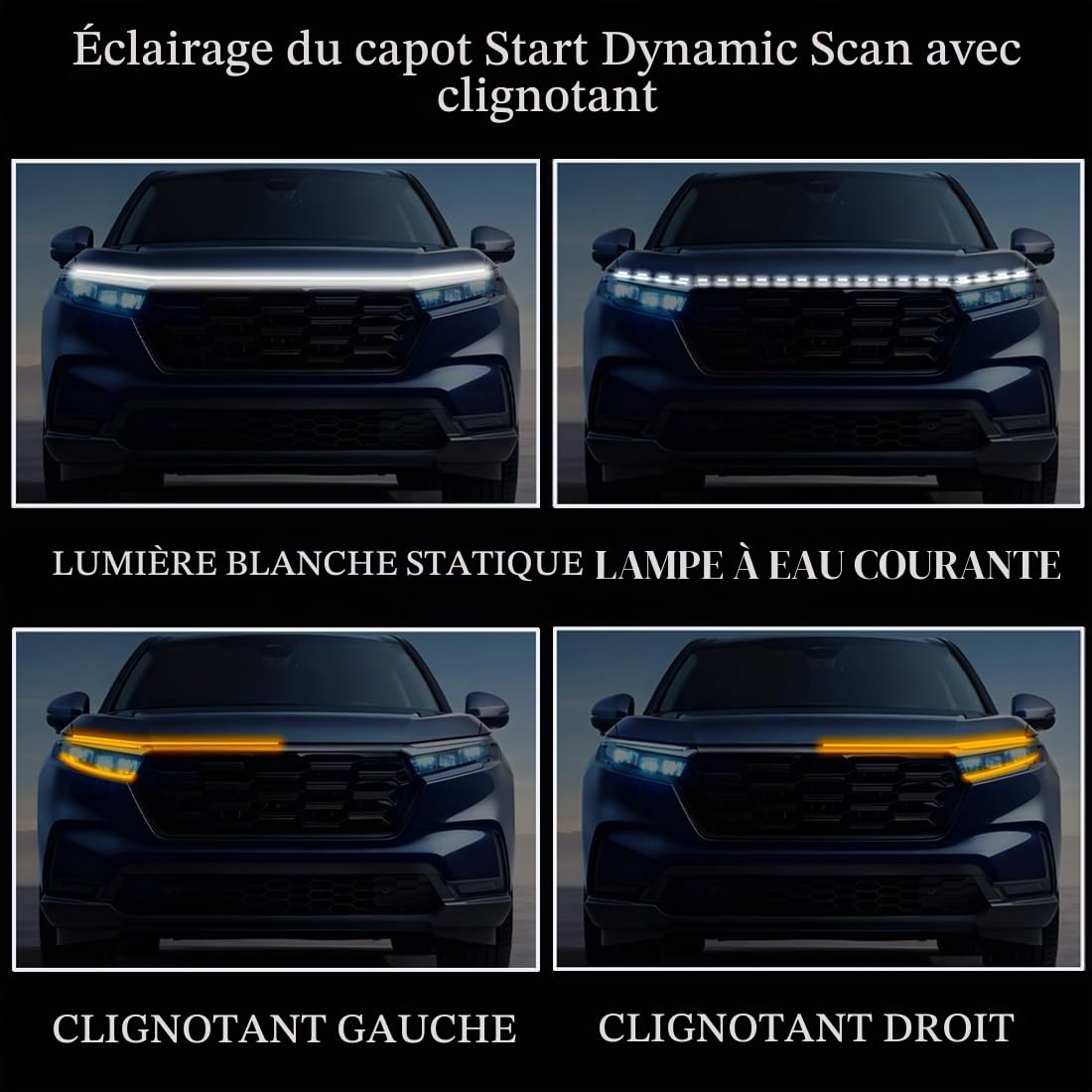 Car Bande Lumineuse LED pour Capot,Bande Lumineuse de démarrage à Balayage Dynamique,Feux de Jour LED avec Clignotants Blancs et Jaunes,adaptés aux Automobiles (70 Pouces/12V)