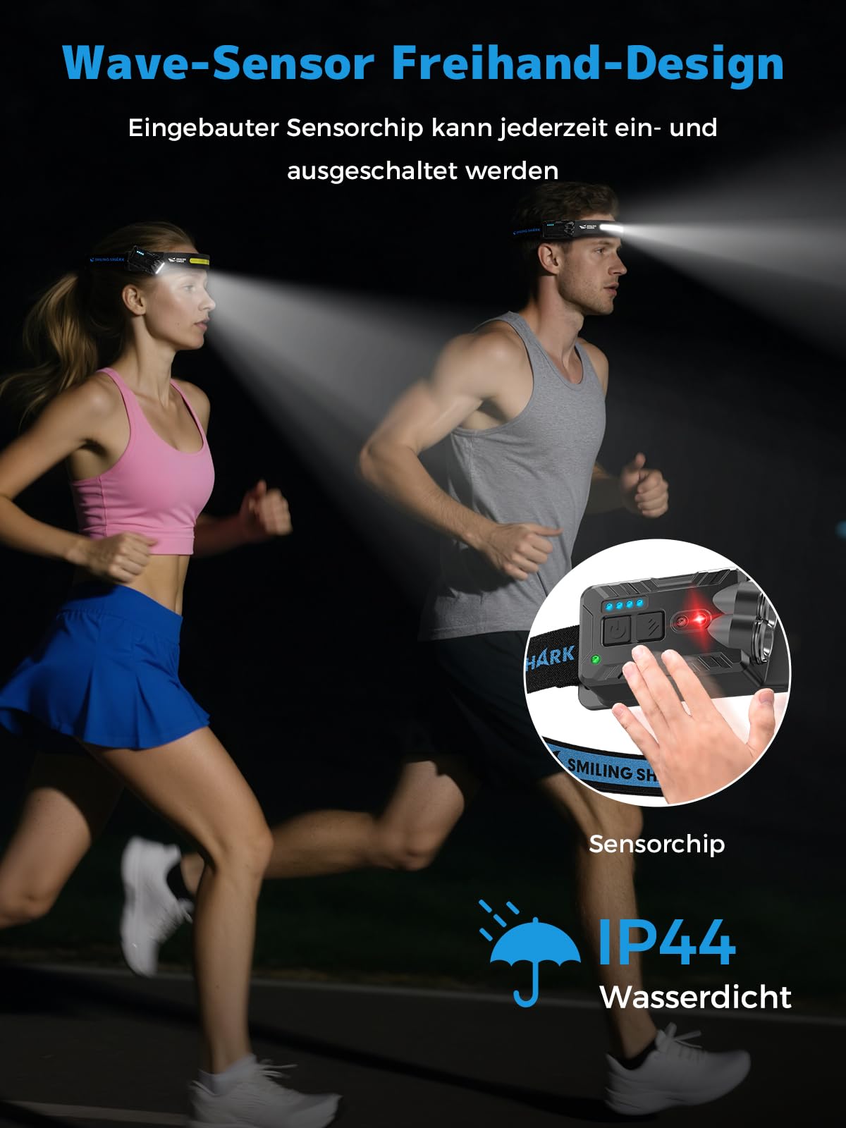 Smiling Shark Kopflampe, 2400mAh Ultra-Helle Wiederaufladbare Headlamp 2 Stück Weißes Licht & 2*Scheinwerfer Mit Bewegungsmelder Multi-Mode LED Stirnlampe mit 270°Drehfunktion für Outdoor Camping