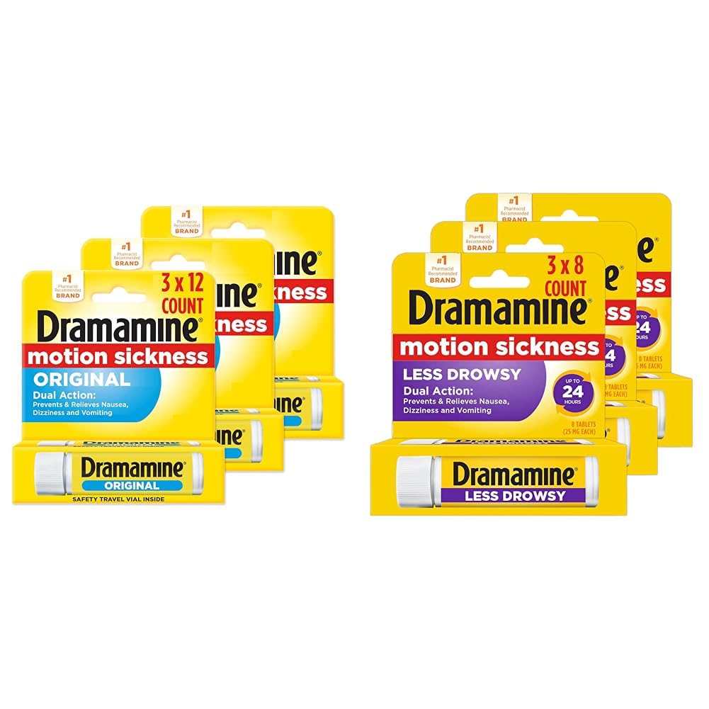 Dramamine Motion Sickness Original 12 Count Travel Vial 3 Pack and All Day Less Drowsy Motion Sickness Relief 8 Count Travel Vial 3 Pack