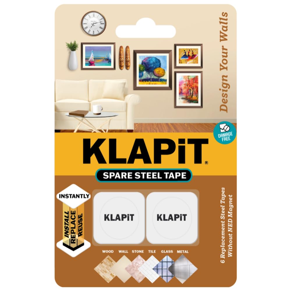 KLAPiT Magnetic Picture Hanging Strips with Nano Technology: Premium Alternative to Mounting Tapes & Double-Sided Tapes - Heavy Duty, Drill-Free & Damage-Free Hanging- White (Spare Steel Tape)