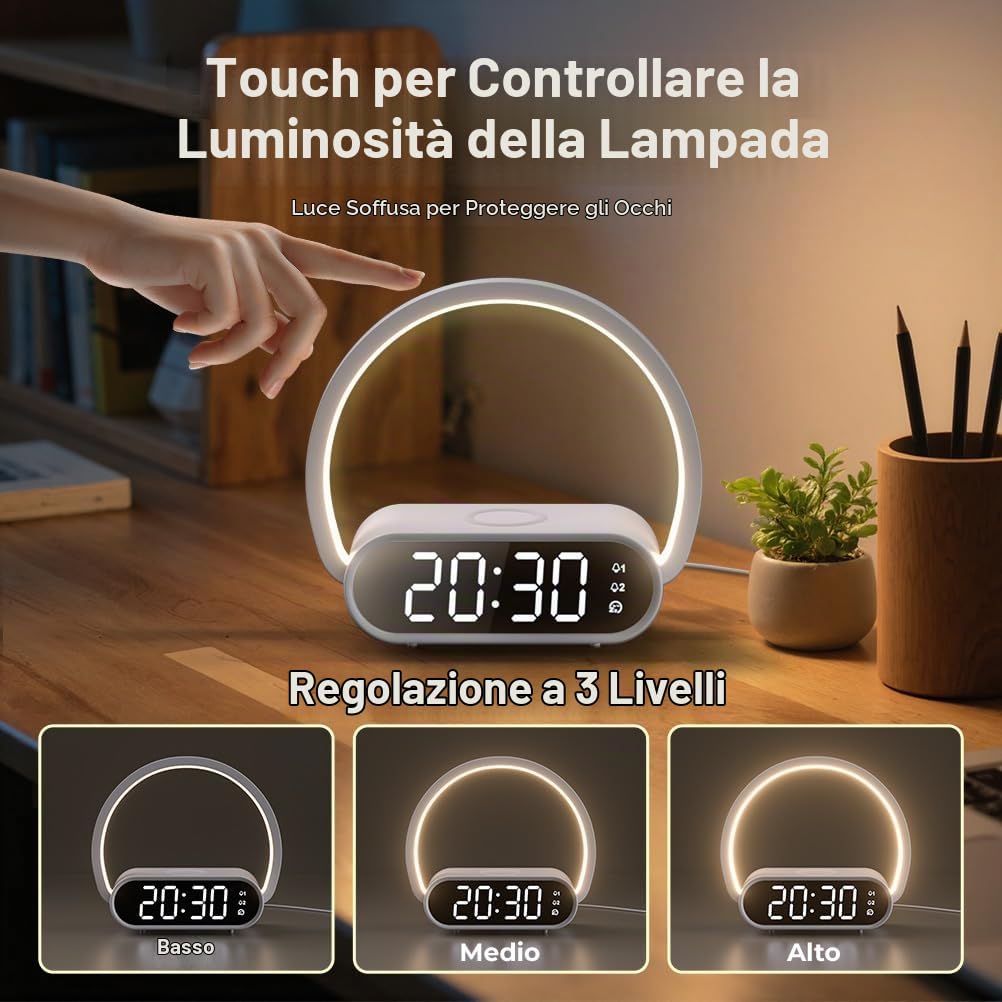 Comodino Lampada con Ricarica Wireless 15W, Sveglia Digitale Doppia Alarme, 3 Regolazioni Luminosità Touch Control, Luce LED per Camera da Letto, Ufficio