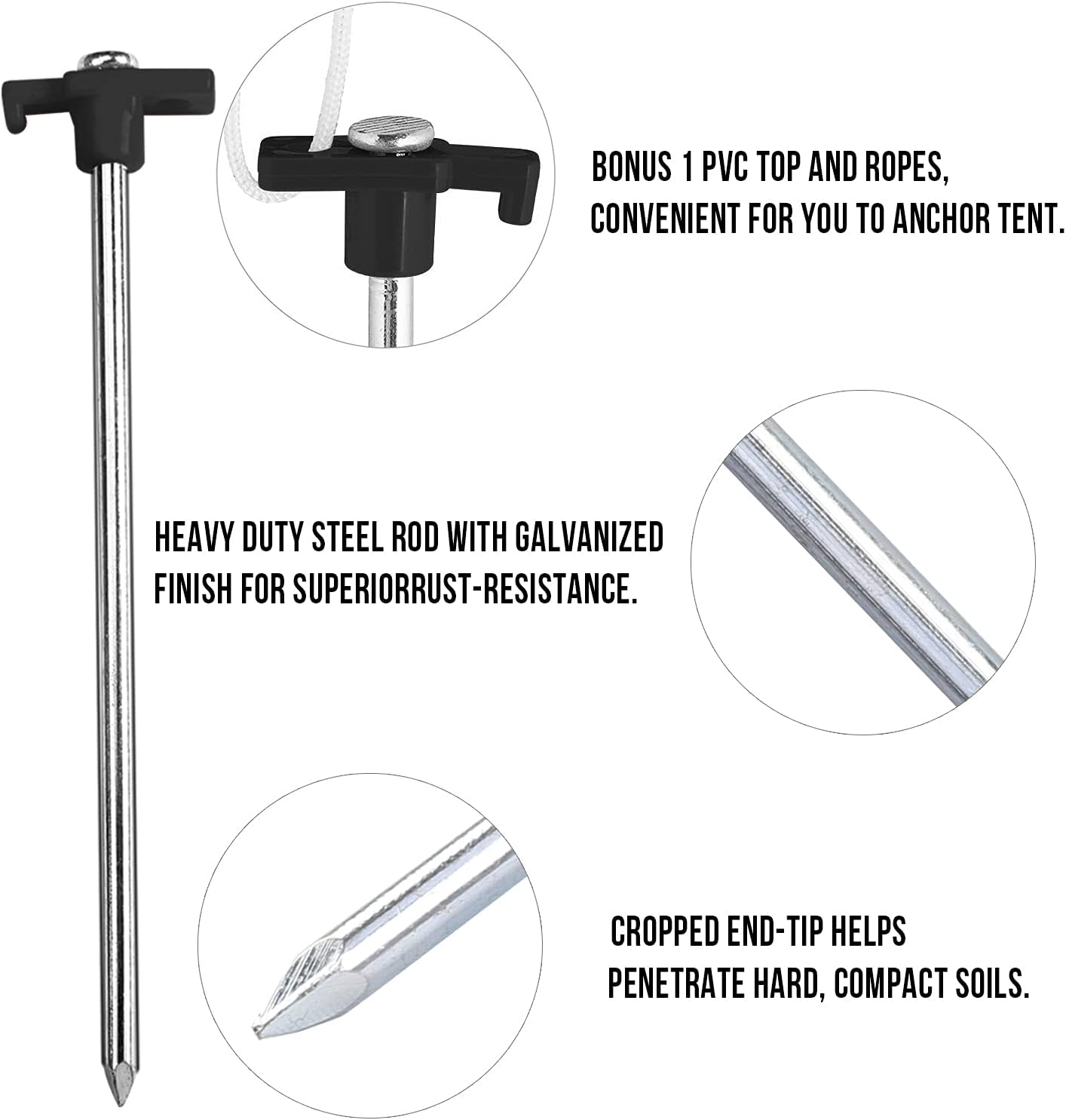 ABCCANOPY 15 Inch Tent Stakes 10 Pcs Non-Rust Metal Ground Anchors, Heavy Duty Spikes with 4 Ropes for Outdoor Camping, Black