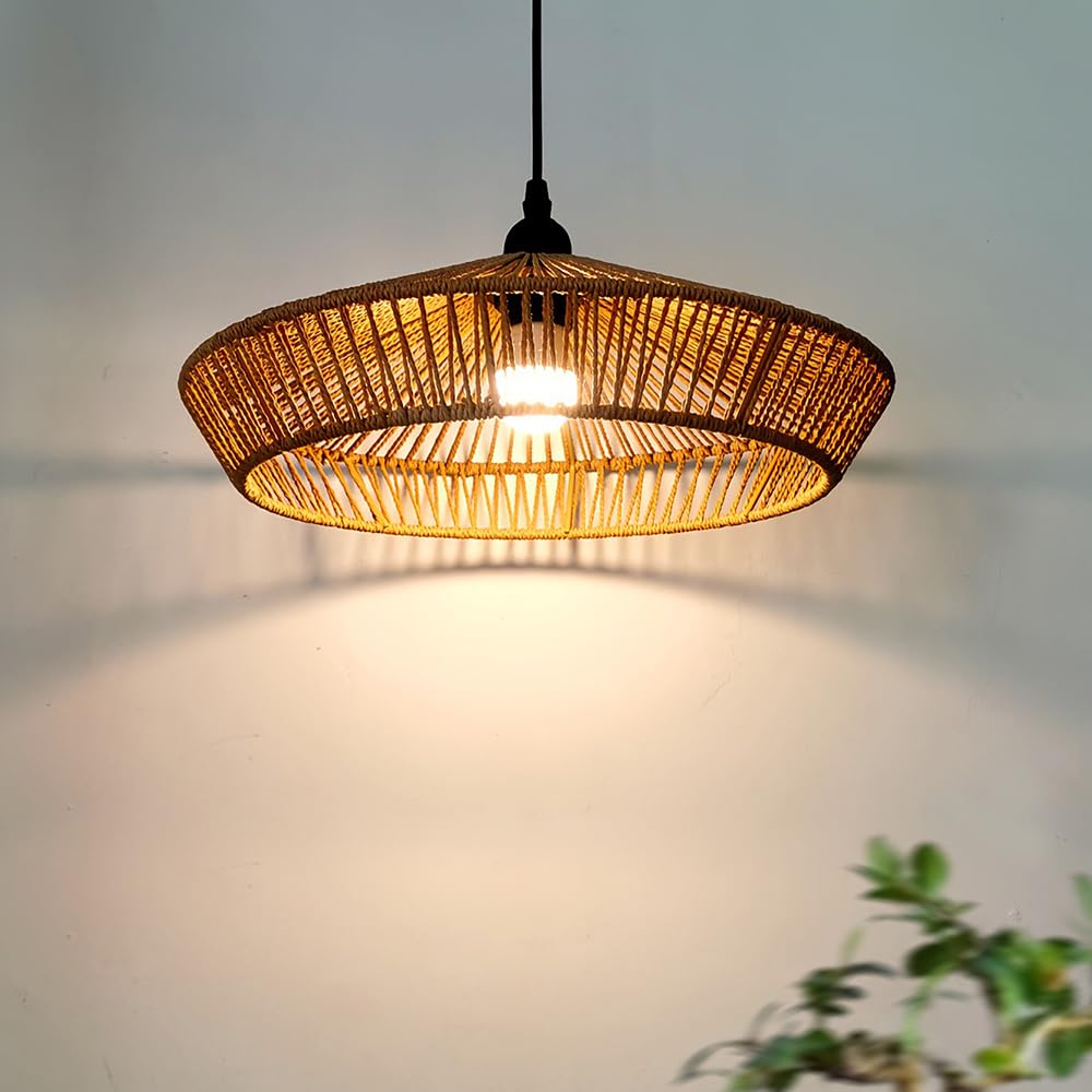 XQIDIANAA Boho Hemp Rope Pendant Light, Hand Woven Hanging Lamp for Kitchen Island,Hand Woven Rattan Shade with Adjustable Cord Creates Warm Lighting for Kitchen Islands Dining Rooms & Entryways