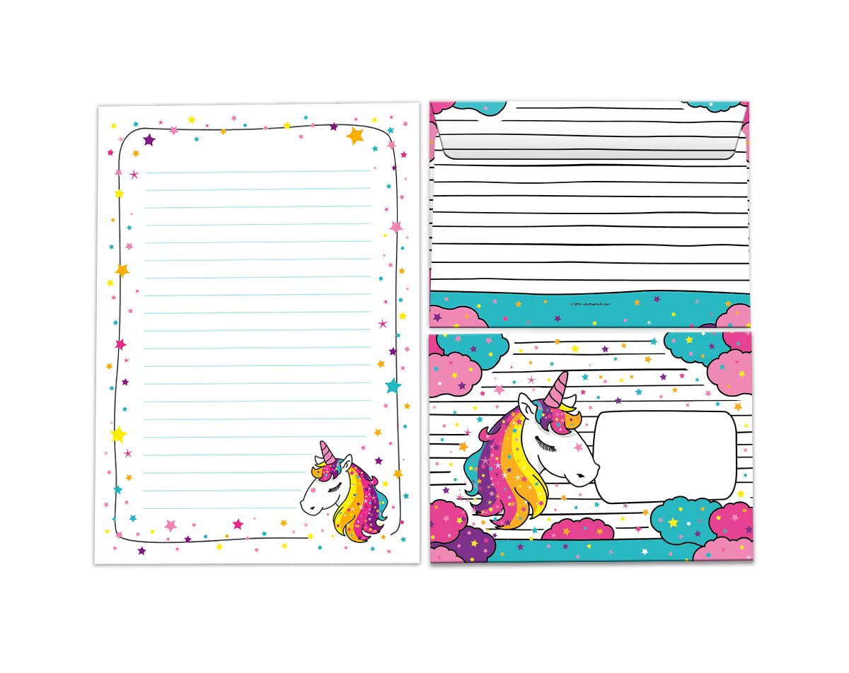 Briefpapier-Set Briefblock in A5 mit Umschlägen Kindermotiv Einhorn für Mädchen (Block A5 mit 25 Blätter + 15 Umschläge)