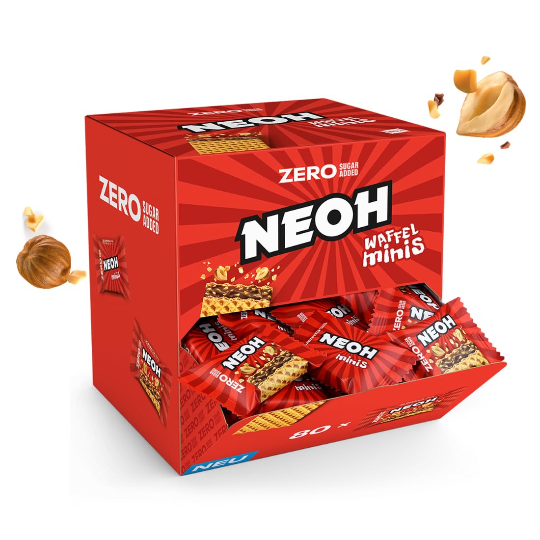 NEOH Low Carb Waffeln Haselnuss Schokolade - Ohne Zuckerzusatz - Keto-freundlich, Low-Carb, ballaststoffreich - Hazelnut Crunch Minis | 80x11g Packung