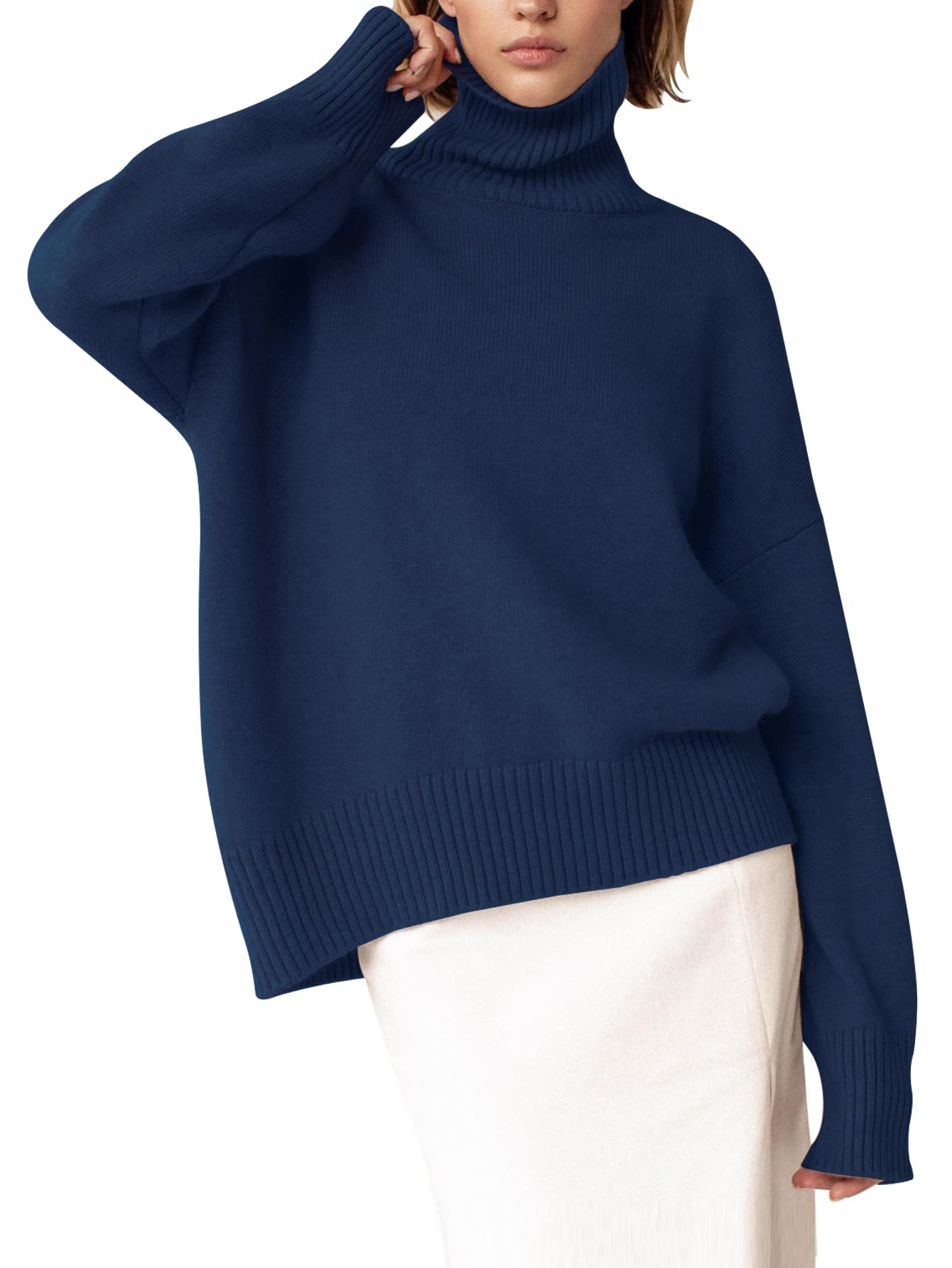 YKR Women's Turtleneck Sweater Chunky Long Sleeve Knitted Pullover High Low Hem Sweater Jumper Top Navy XXL