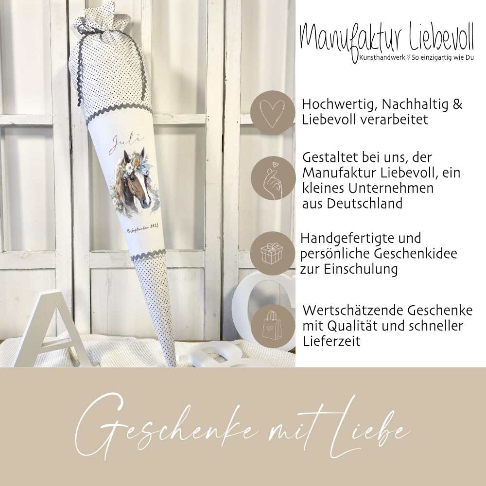Manufaktur Liebevoll - Pferde Pony Schultüte aus Stoff zur Einschulung | Zuckertüte mit Namen u. Datum | Einschulungstüte | Handgenähte Stoffschultüte als Geschenkidee zum Schulanfang für Mädchen