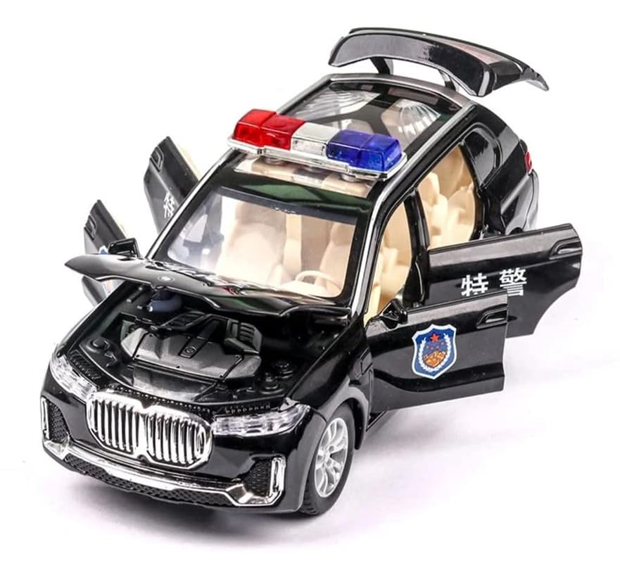 Image of Kids Model 1:32 BMW X7 Police Die Cast Metal Car Pull Back Action Opening Doors with Realistic Engine Sound Lights Toy Car Gift for Boys - Black