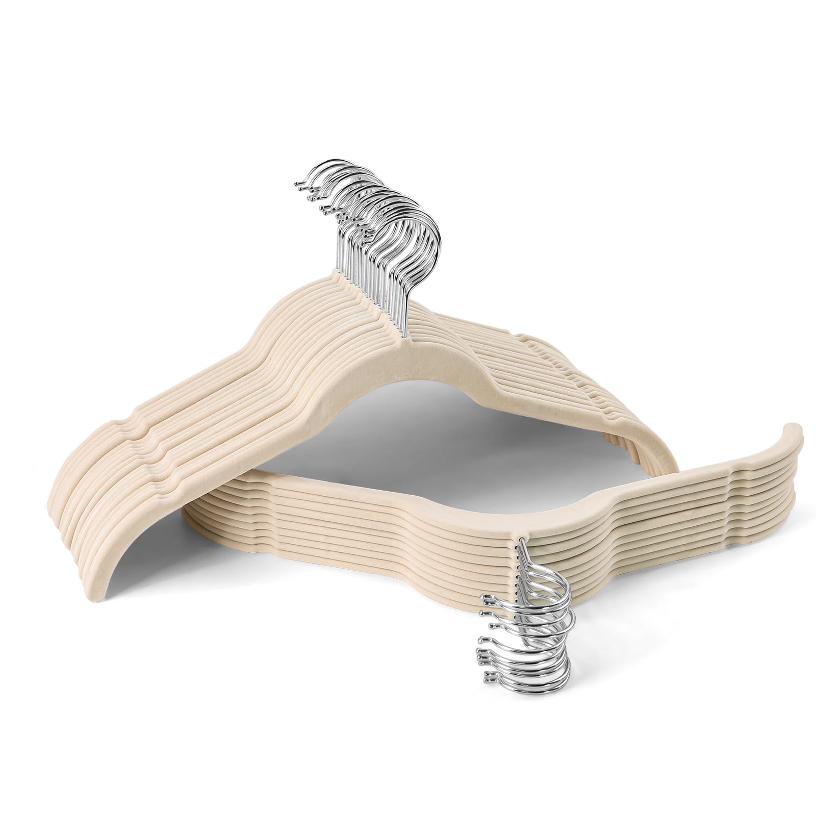 Cintres en velours floqué antidérapant beige lot de 30 avec crochet rotatif 360 degrés