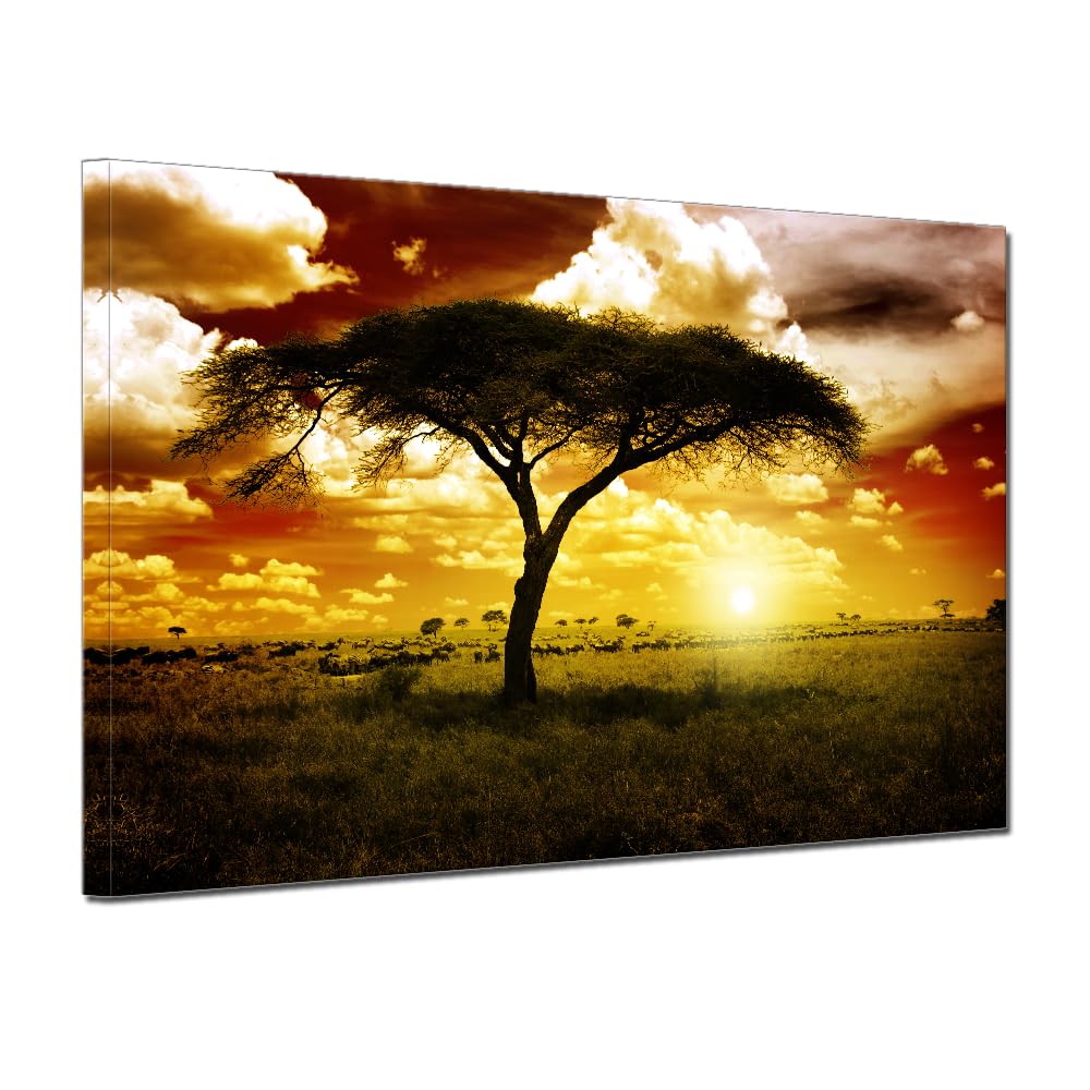 Canvas Wall Art African Trees Landscape Earth Tones Sunset Animal Artwork for Bedroom Hallway Sofa Wall Decor Framed Canvas Print Home Decor Direct Hang 16x24inch