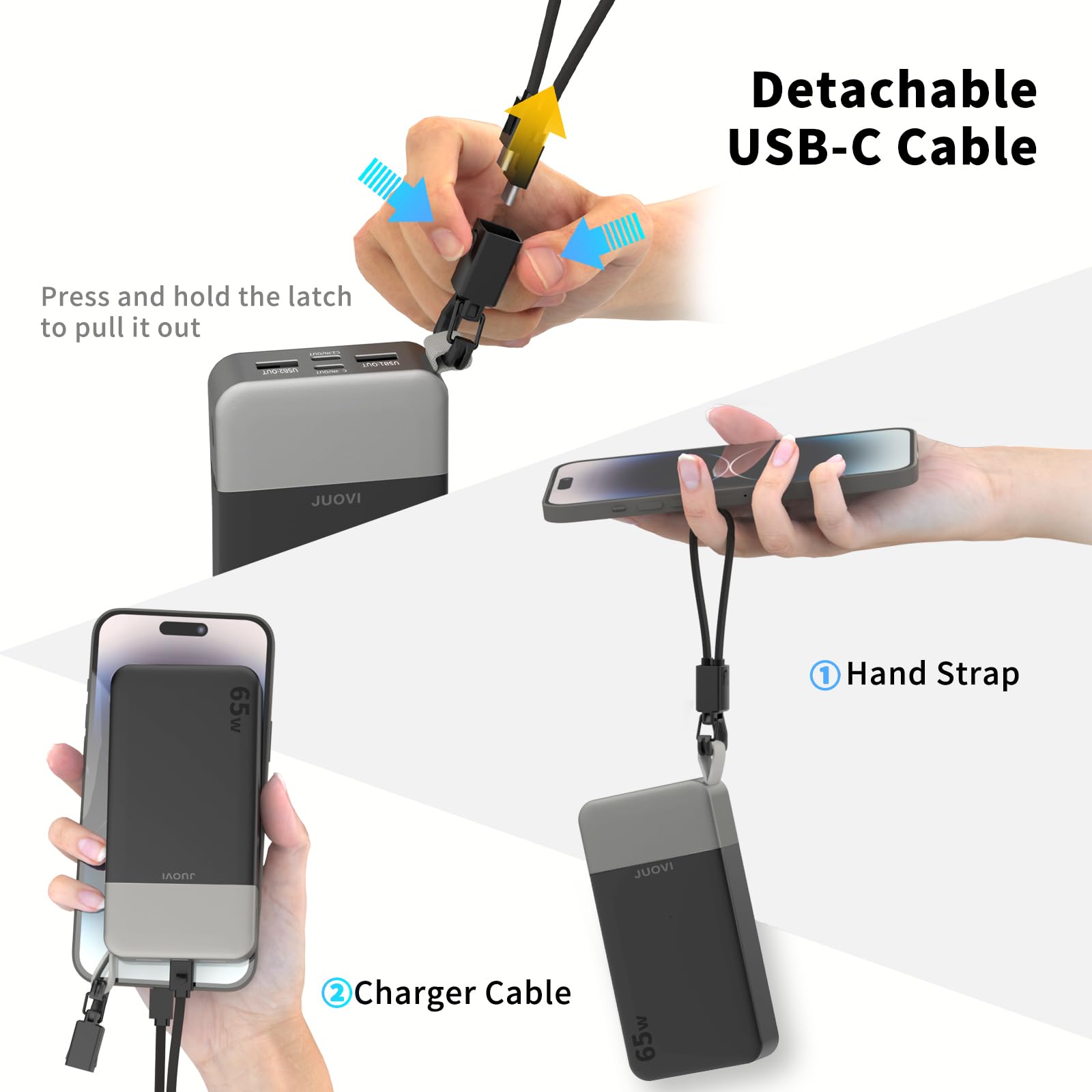 JUOVI 65W Laptop Power Bank 20000mAh z odłączalnym kablem USB C | Portable Charger dla laptopa Dell XPS iPad tabletu Steam Deck serii iPhone 17/16 Samsung i więcej