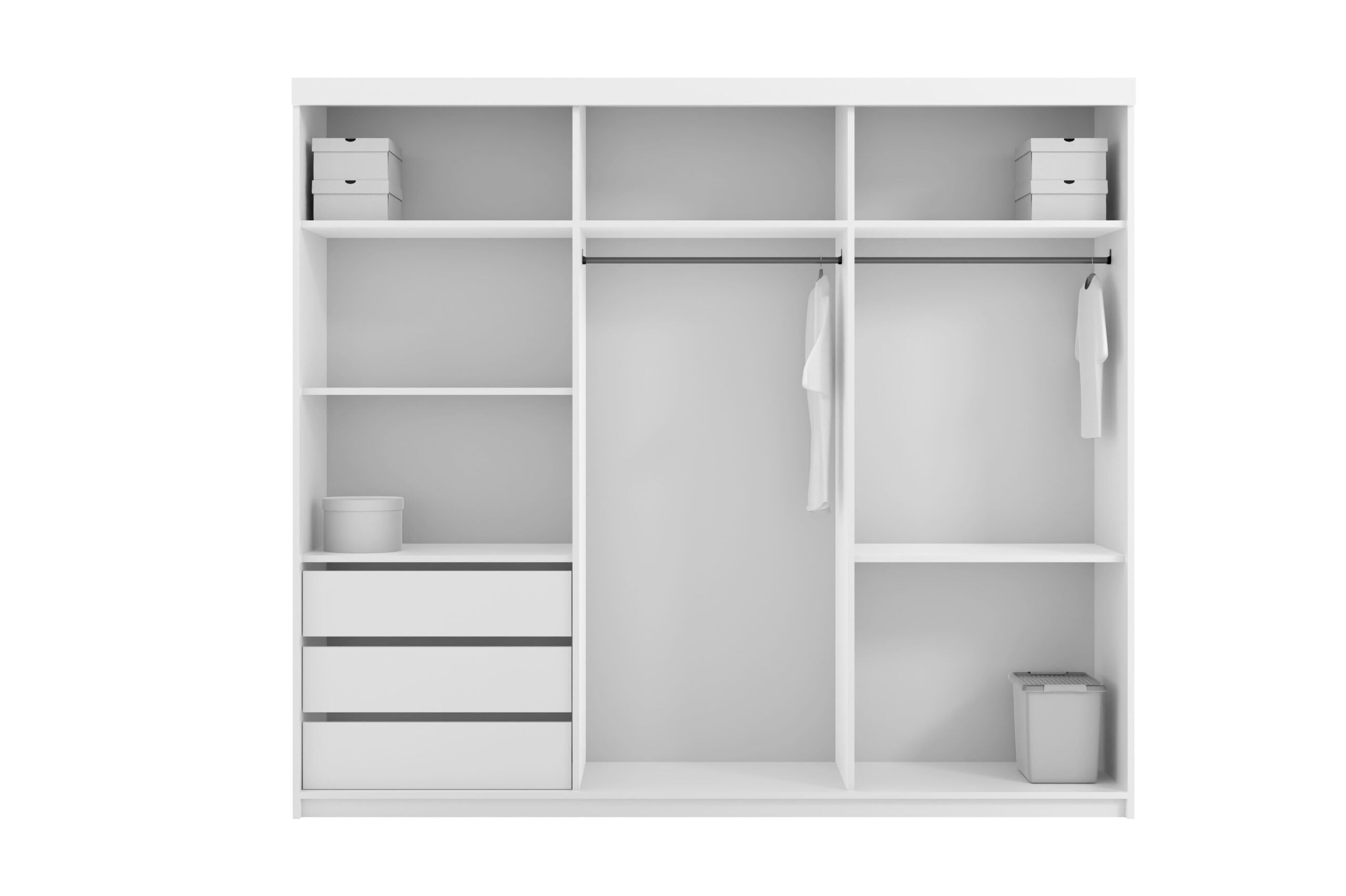 LUX Weiß Schiebetürenschrank Kleiderschrank 250x216x62 cm mit Spiegel - Schlafzimmermöbel, Aufbewahrung – Mehrzweckschrank mit 2 Kleiderstangen und 3 Schubladen