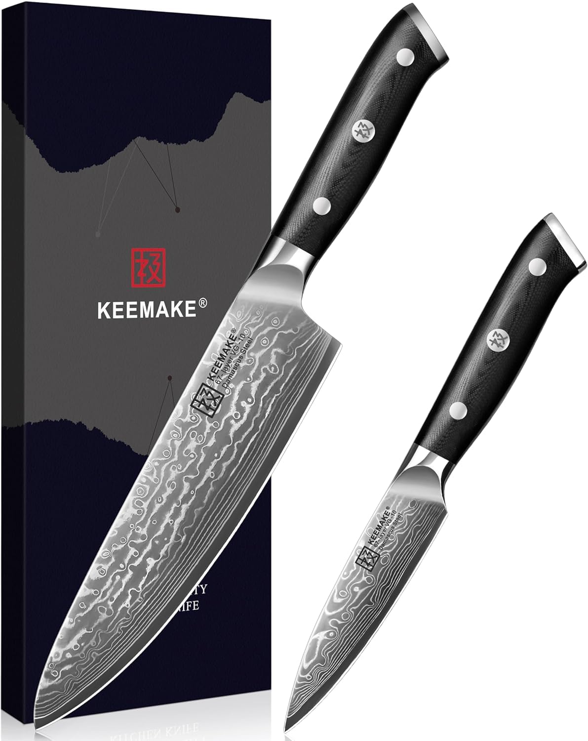 新品　ダマスカス　牛刀＆ペティナイフ　２本セット Amazon | KyushuBlade 包丁3本セット【三徳+牛刀+ペティナイフ