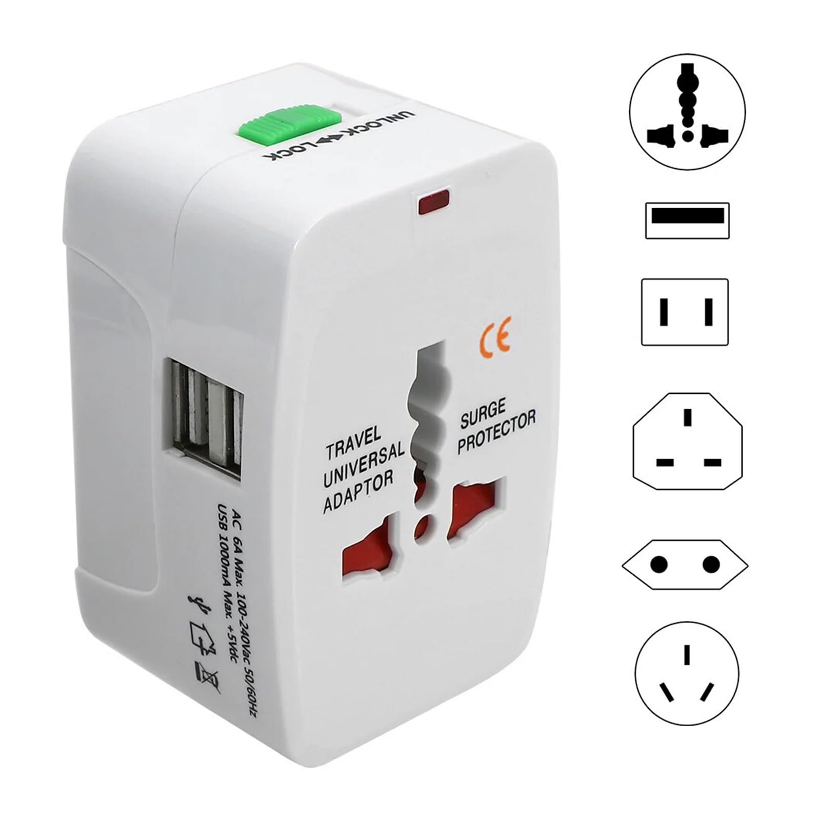 Universeller Steckeradapter AU/US/UK/EU mit 2 USB-C-Anschlüssen | Reiseadapter mit AU/US/UK/EU-Steckern. Enthält 2 USB-C-Anschlüsse. CE-zertifiziert.(White 2USB)