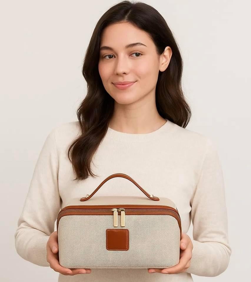 Travel Makeup Bag Waterproof Large Cosmetic Organizer Pouch with Brush Holder, Compartments & Handle – Toiletry Bag Women – Portable Clear Makeup Case for Travel - Image 2