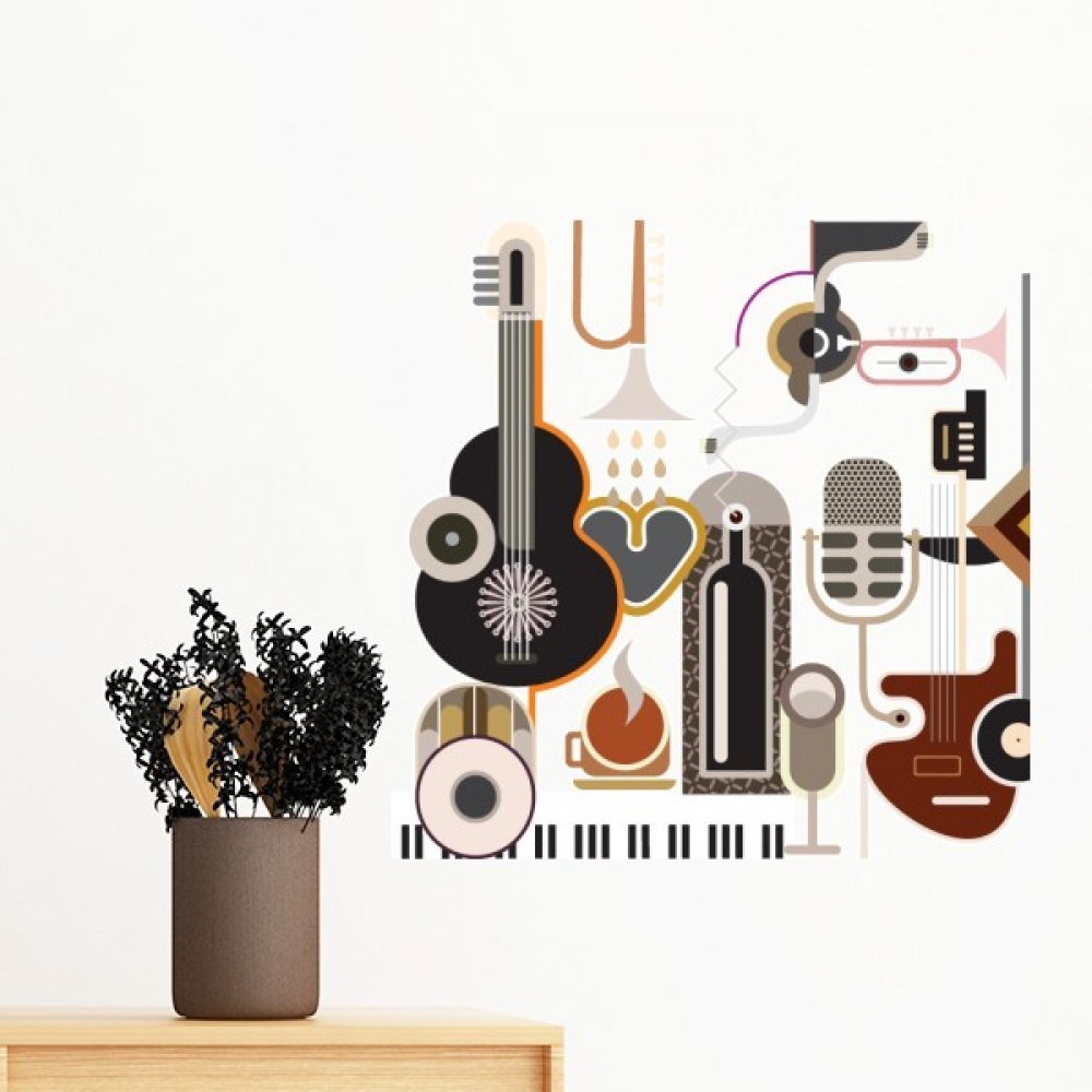 Art stickers mural guitare motif bleu abstrait amovible deco 70cm DIY