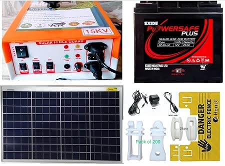 Fencing Zatka Machine Set,15KV 150 Bigha Solar Fencing AC DC jhatka Machine Set(Machine,40 watt Panel,26ah Exide Battery, 230V AC Adapter & 200 insulators,25 Corners)