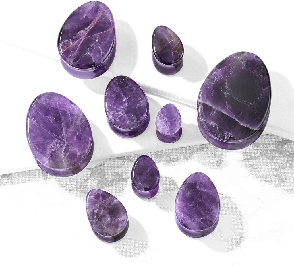 Pierced Owl - Amethyst Stone Double Flared Tear Drop Saddle Plugs, Sold as a Pair