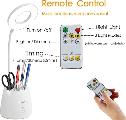 Miniatura 7 de Lámpara de escritorio, luz de escritorio LED, lámpara de mesa pequeña regulable para oficina en casa, control remoto, 3 modos, cuello de cisne, luz
