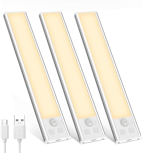 Miniatura 11 de Paquete de 3 luces LED para debajo del gabinete, 32 luces LED de color blanco frío recargables debajo del gabinete, luces LED con sensor
