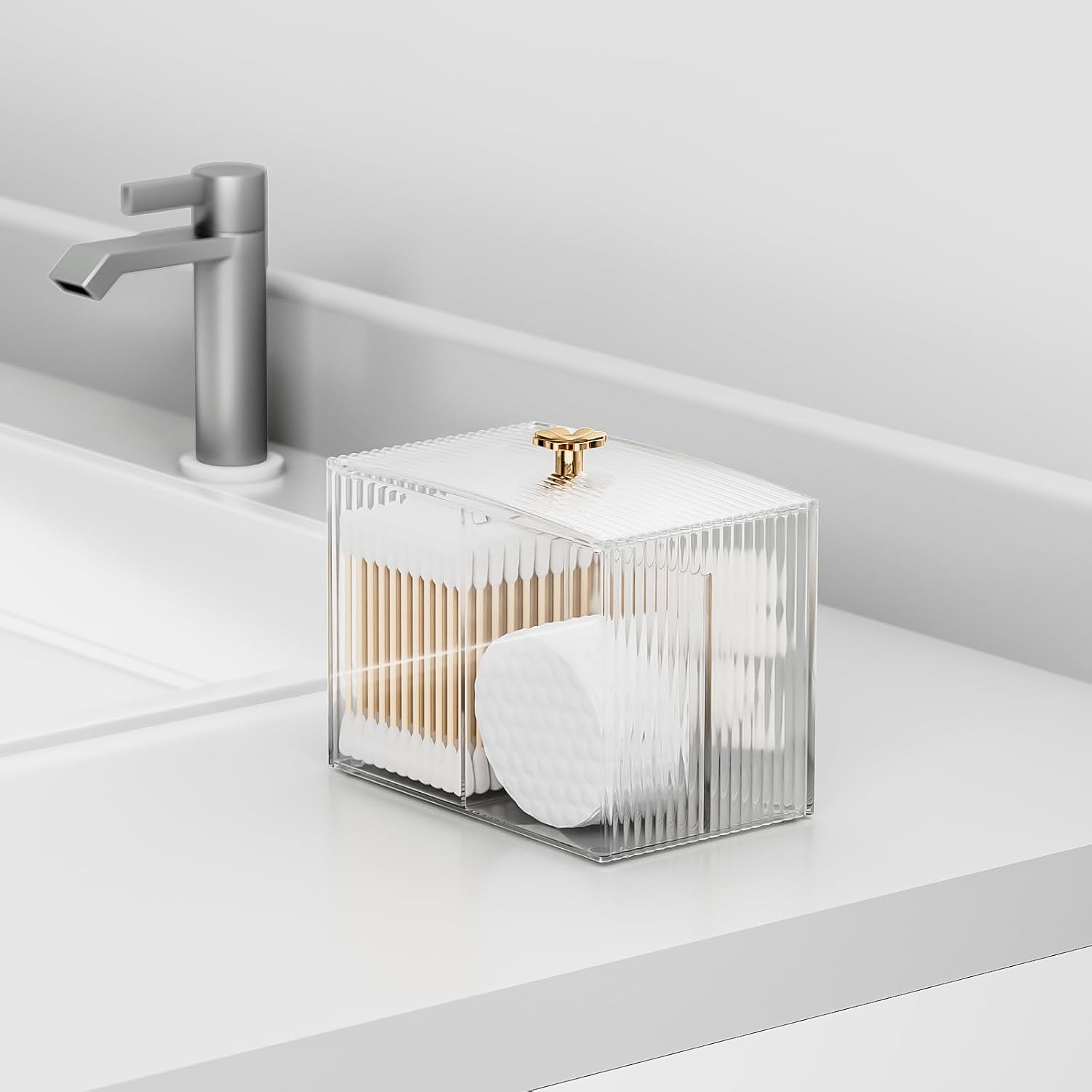 3 Slots Clear Plastic Q Tip Holder for Bathroom with Lid & Non-slip Pads | Cute Bathroom Container Jars Canister Dispenser for Cotton Swab, Ball, Pad, Round, Floss, Bathroom Organizer and Storage